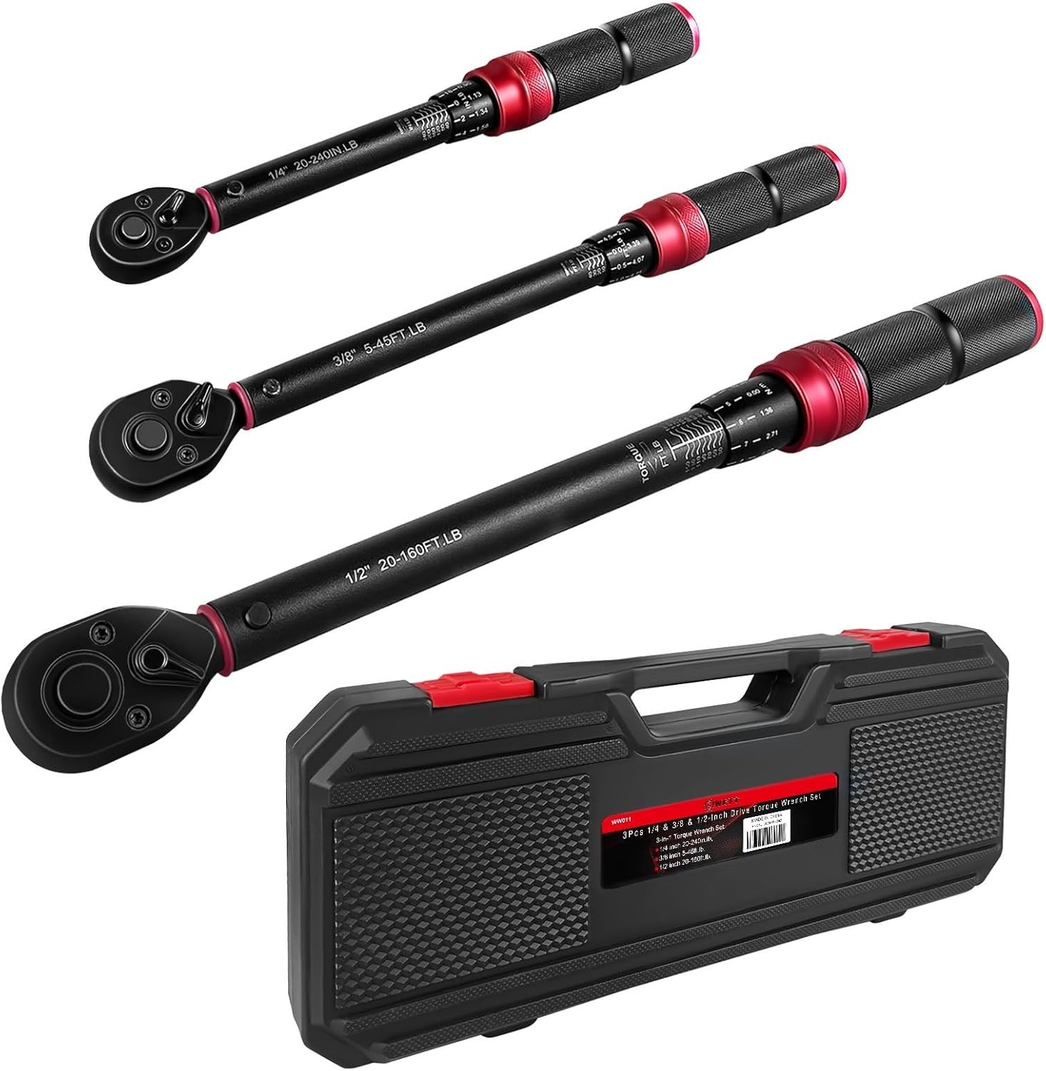 3Pcs Torque Wrench Set, 1/4'' & 3/8'' & 1/2'' Drive Click Torque Wrench