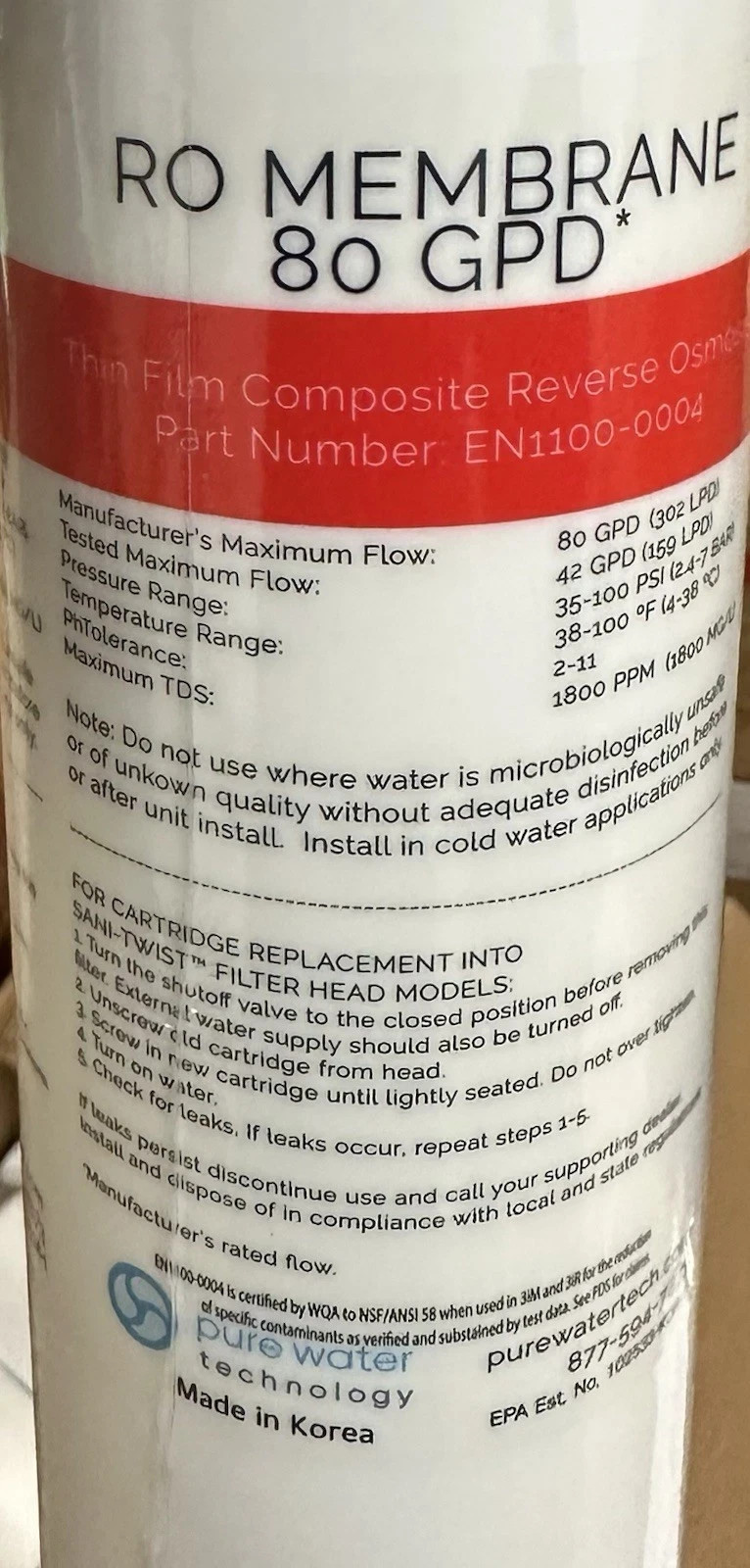 Pure Water Technology EN1100-0004 Reverse Osmosis Filter RO MEMBRANE 80GPD New