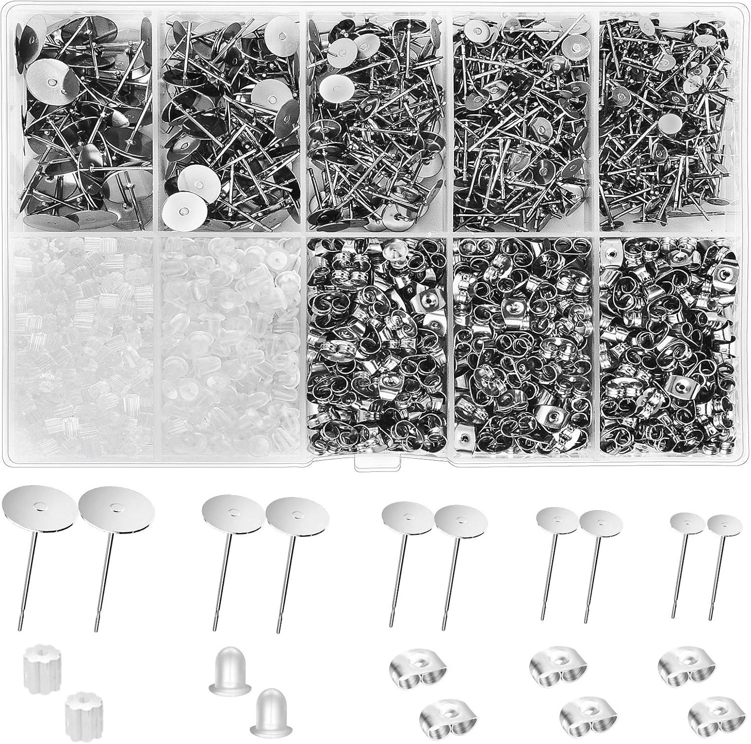 2000 Pcs Hypoallergenic Earring Posts and Backs: Studs, Butterfly, Rubber Backs,