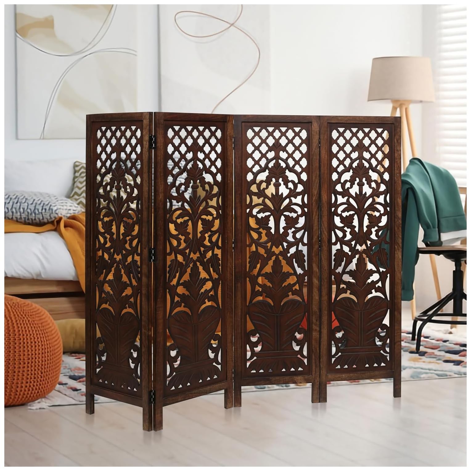 Room Divider Wood Screen Panel – Burnt Brown, 4-Panel Folding 64"x54", Hand-C...