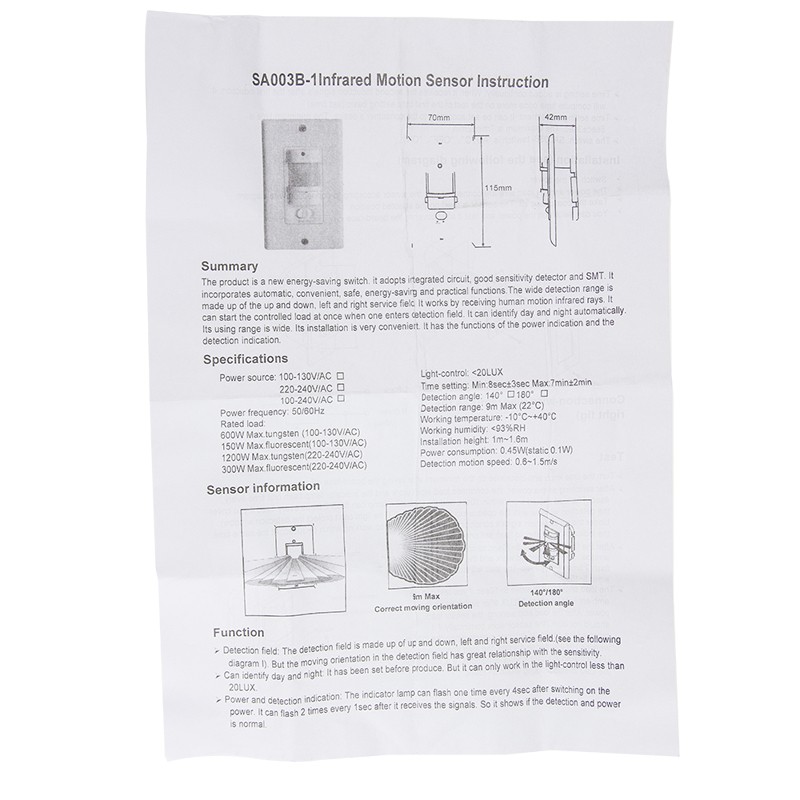 Infrared Motion Sensor Wall Switch PIR Manual On/Off Infrared Automatic Switch