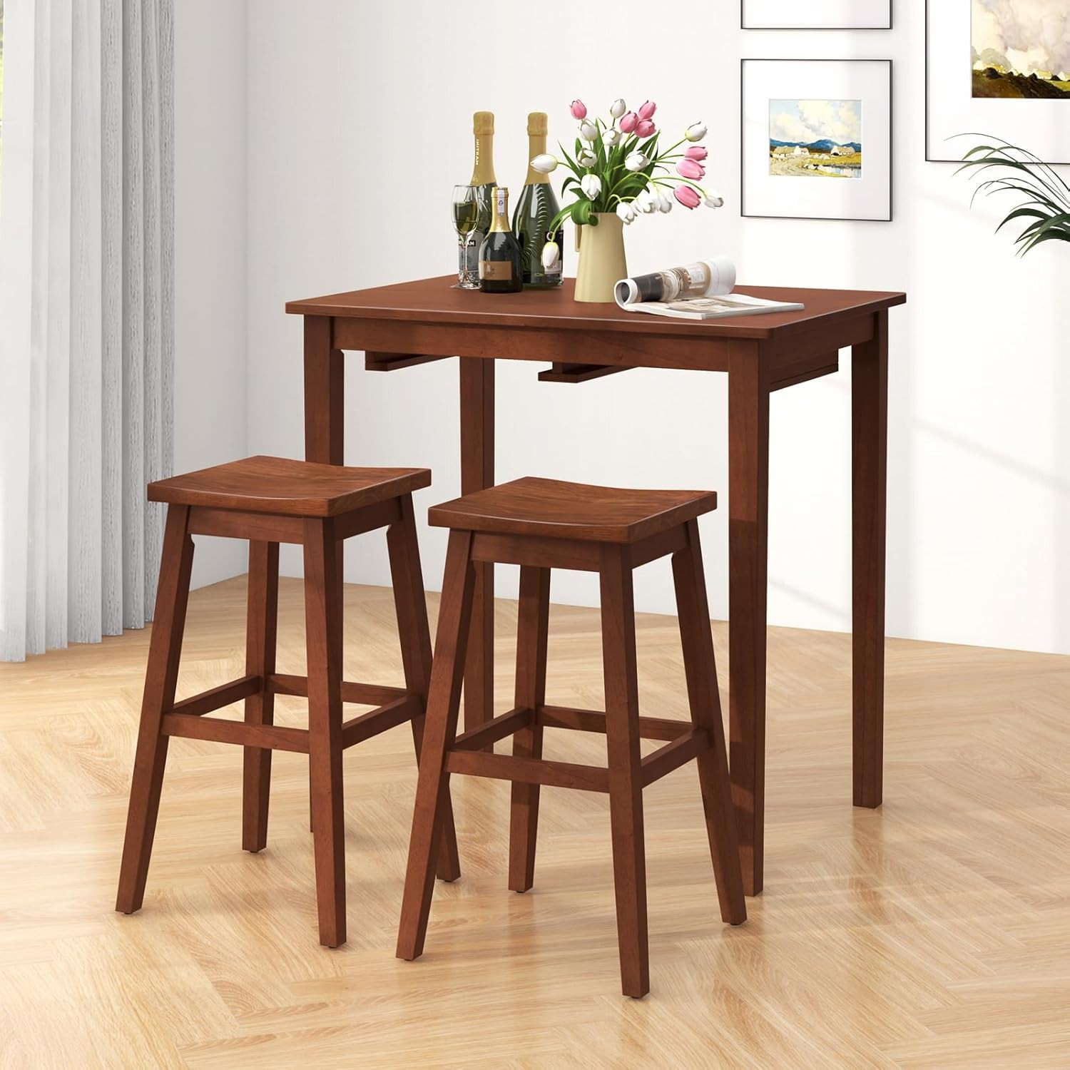 Stylish 3-Piece Wooden Bar Table Set with Saddle Stools for Small Spaces