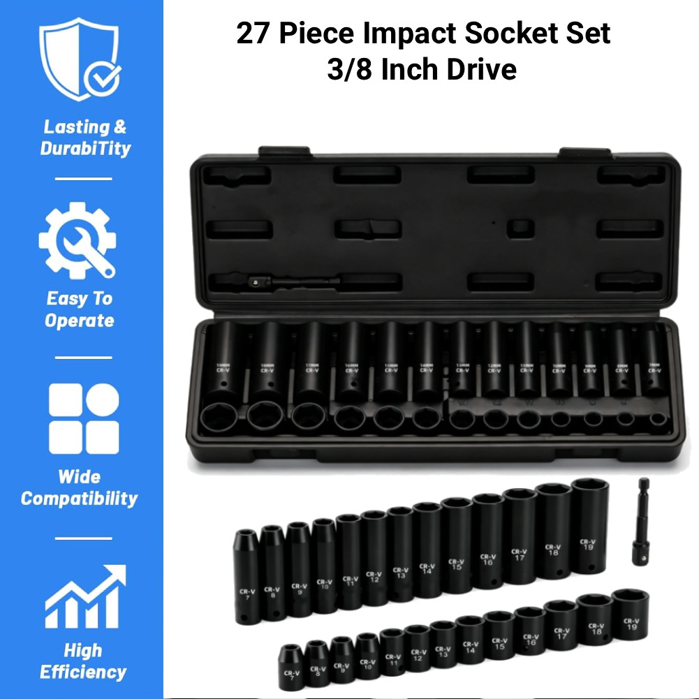 27 Piece 3/8" Drive Impact Socket Set Metric 7mm-19mm 6-Point