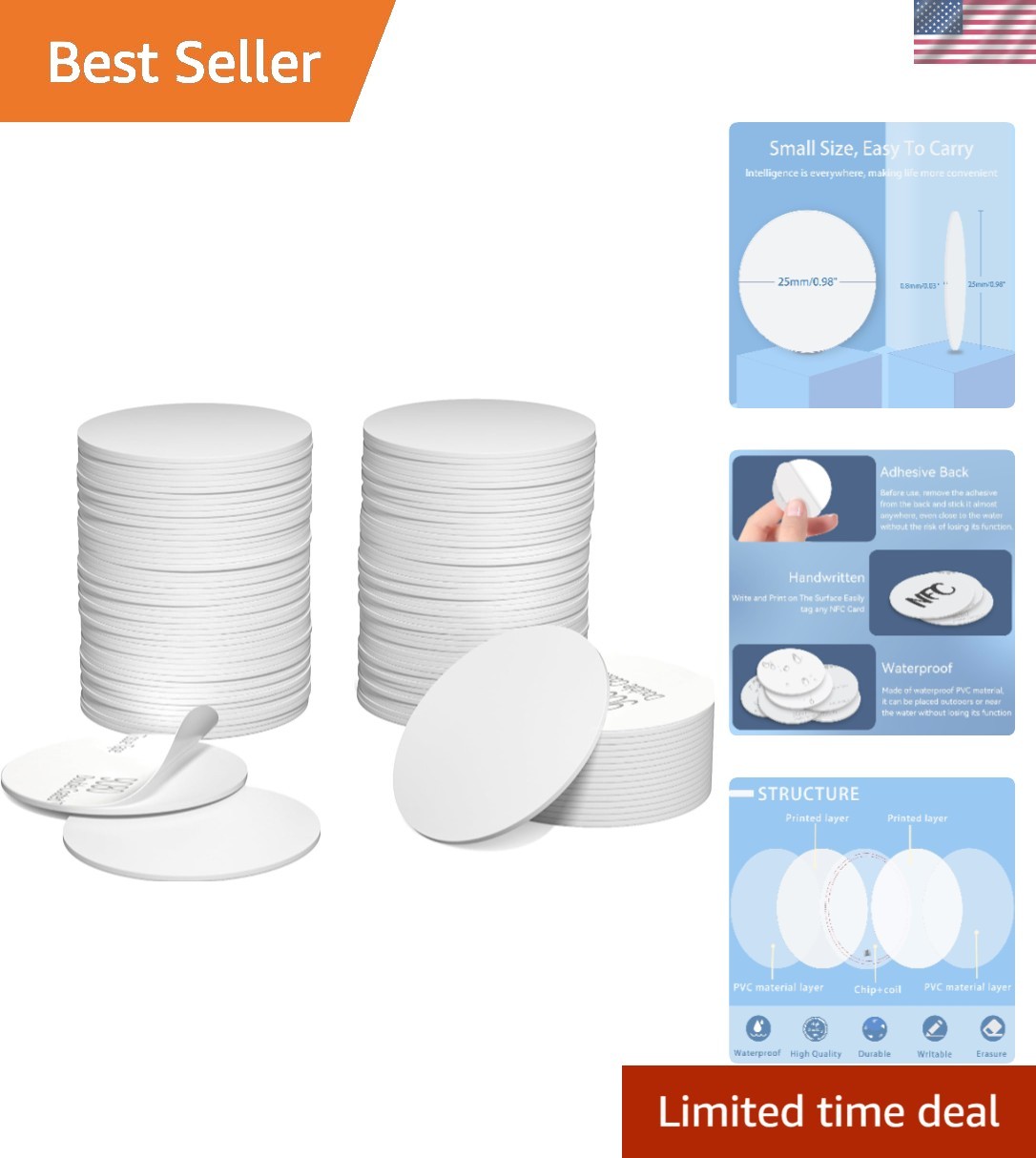 Rewritable 50 PCS NFC Stickers - Durable Waterproof 25mm Tags for All Devices