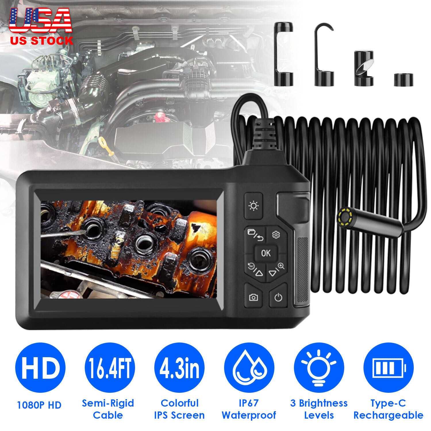 1080P Endoscope Camera w/8 LED Light 8mm Borescope Inspection Camera-Handheld