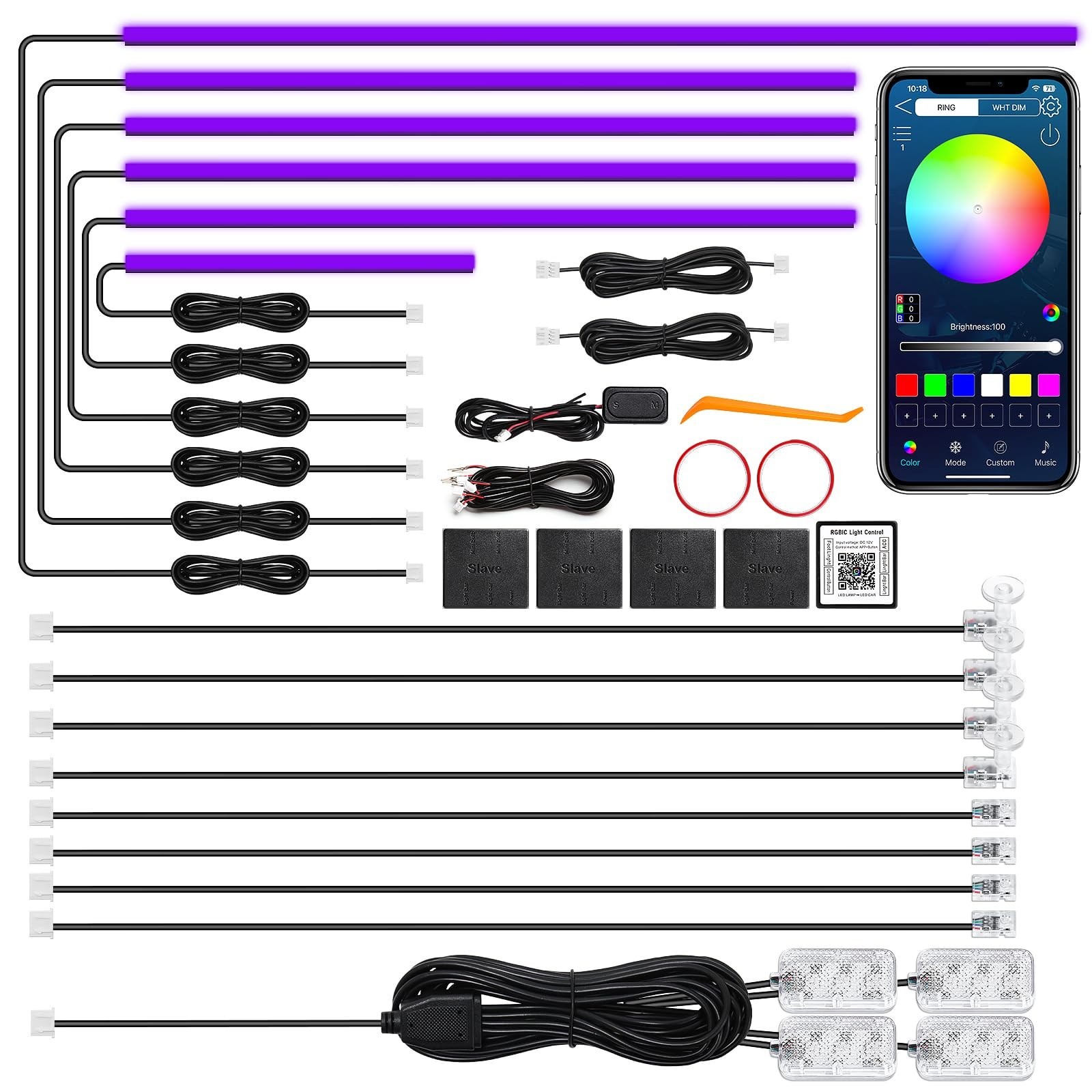 Acrylic Interior Car LED Strip Light with Wireless APP, RGB 18 in 1 with 175 ...