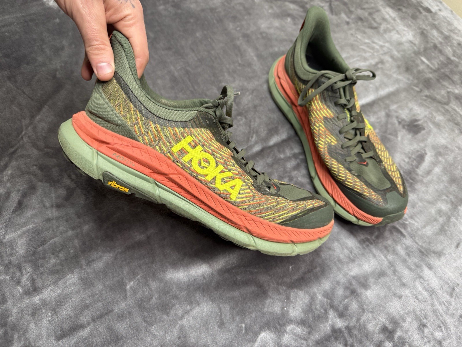 Hoka One One Mafate Speed 4 Olive Green & Orange Running Sneakers Mens 12D