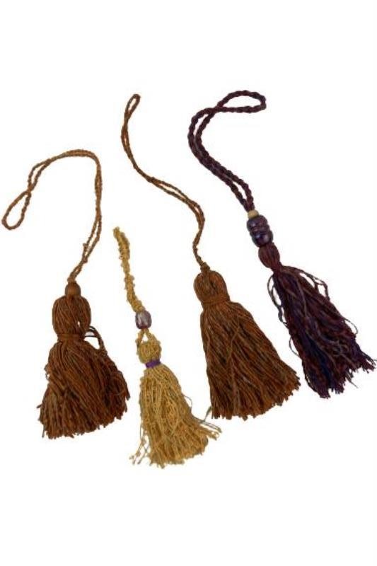 Lot of 4 Handmade Mary Rash Tassels Brown Tan Purple Wood Accents Decor