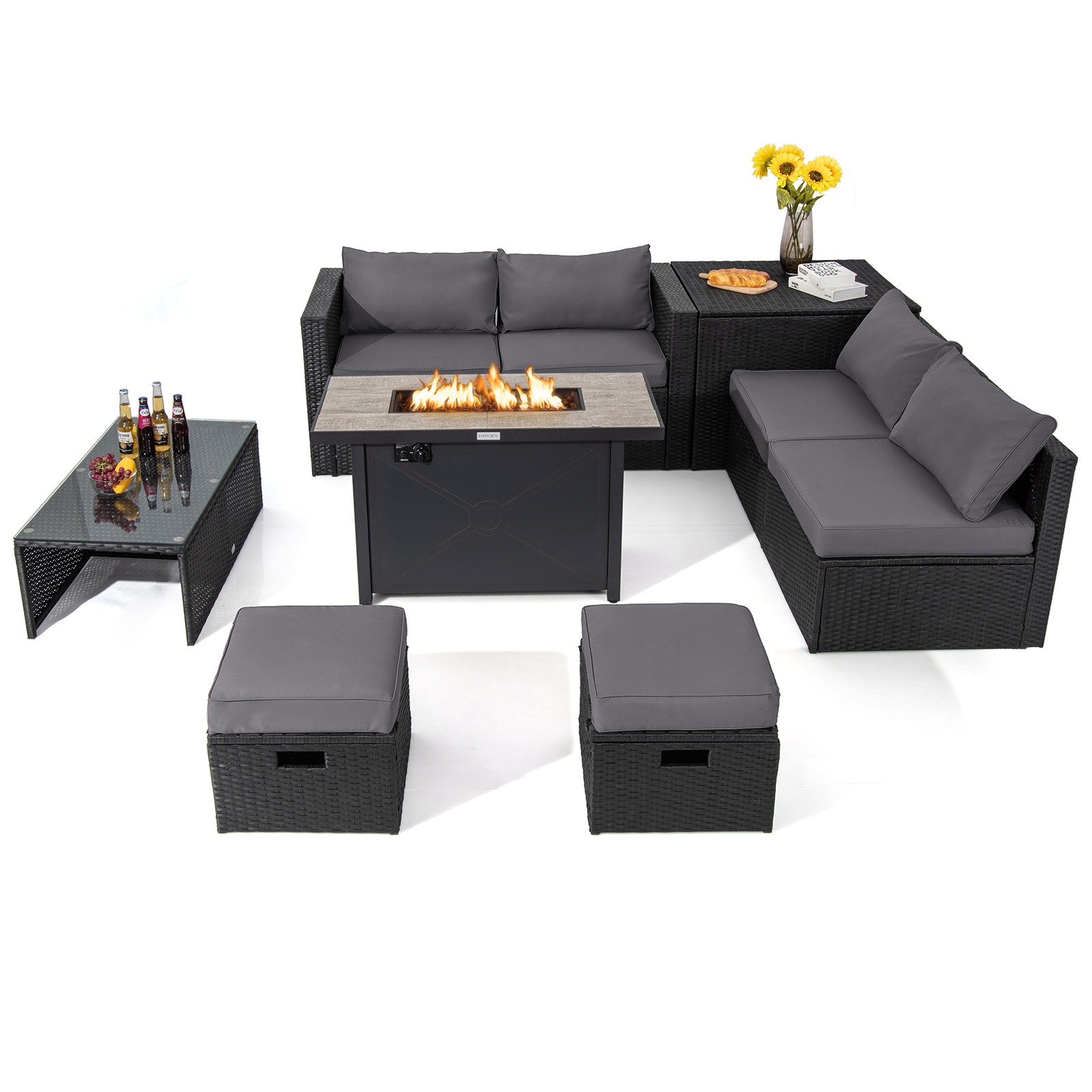 Patio 9PCS Rattan Furniture Set Space Saving  42” Fire Pit Table Cover Grey