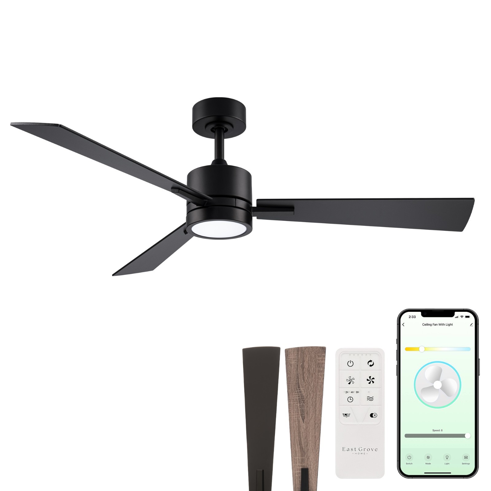Bali 52in 3-Blade Smart Ceiling Fan in Matte Black with Reversible Blades