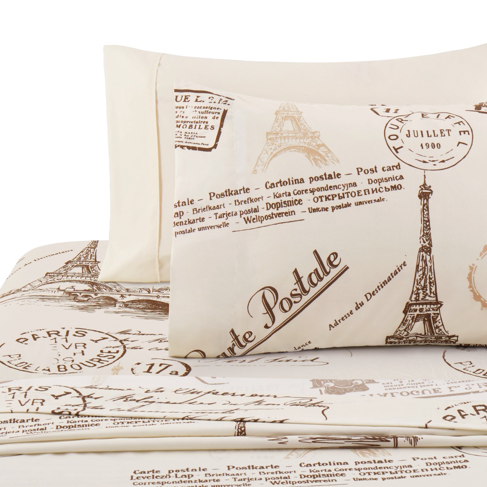 Rayon from Bamboo Deep Pocket 6 Piece Printed Sheet Set Eiffel Tower Ivory Queen