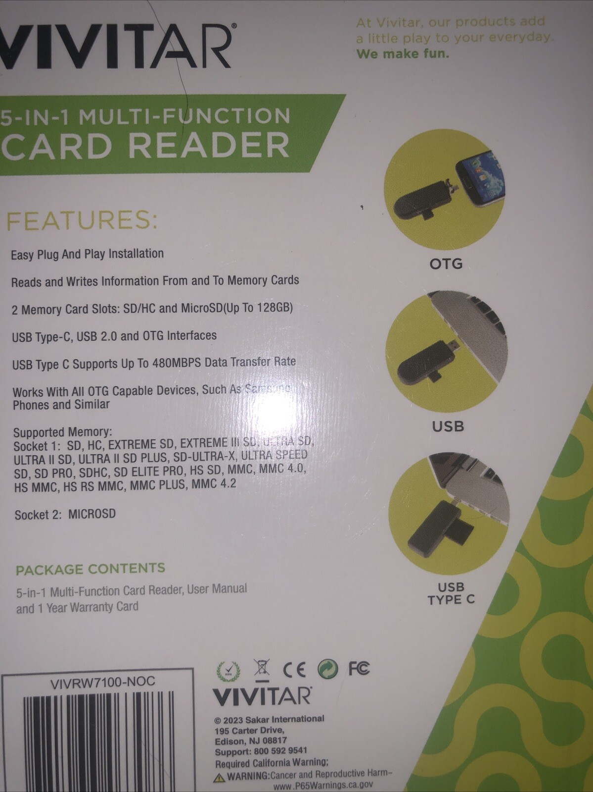 2 Vivitar Connect It 5 in 1 Multi Function Card Readers OTG USB USB-C Micro SD +