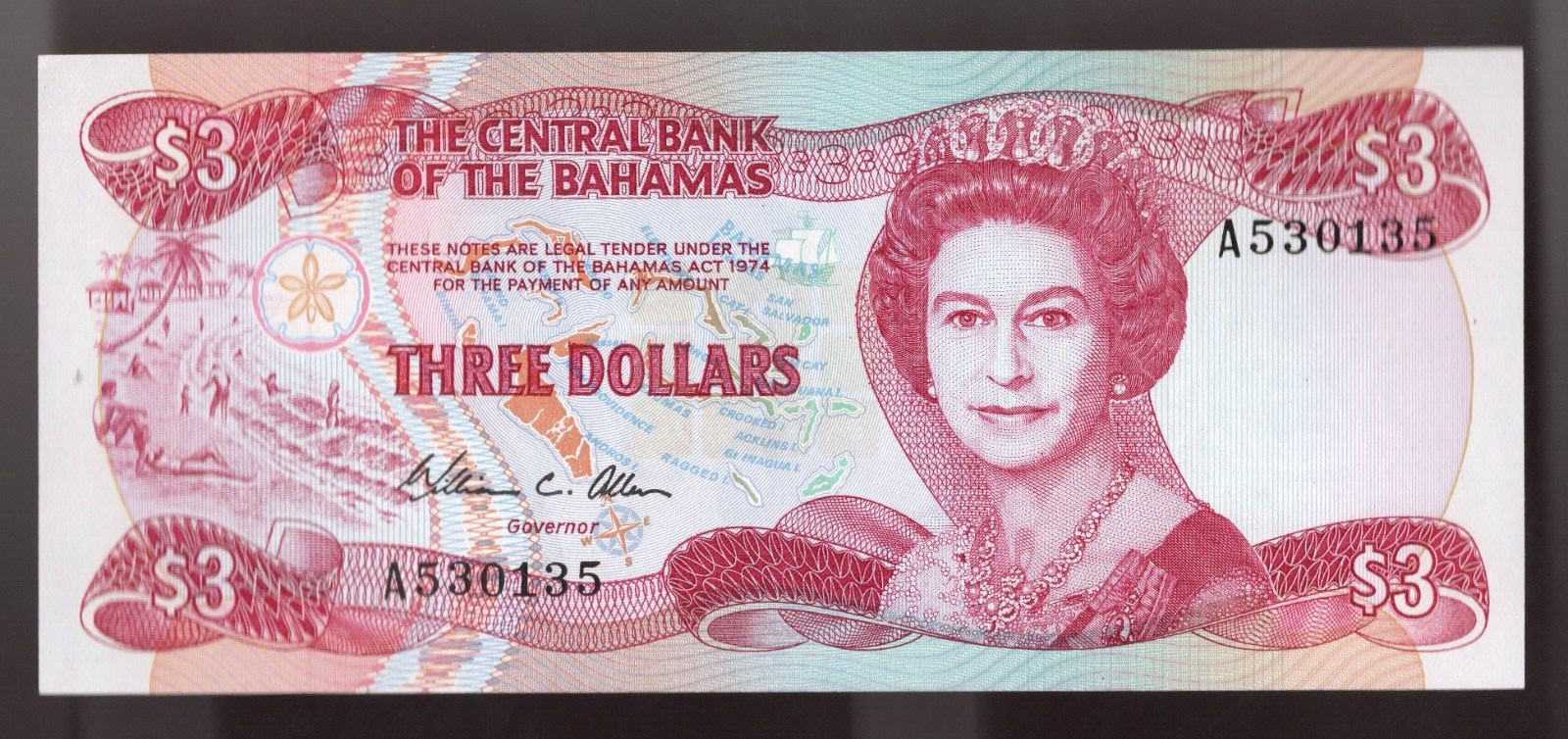 1984 Bahamas  $3  L. 1974  Series  A   Pic# 44a GEM UNC  2 of 2 Consec Notes