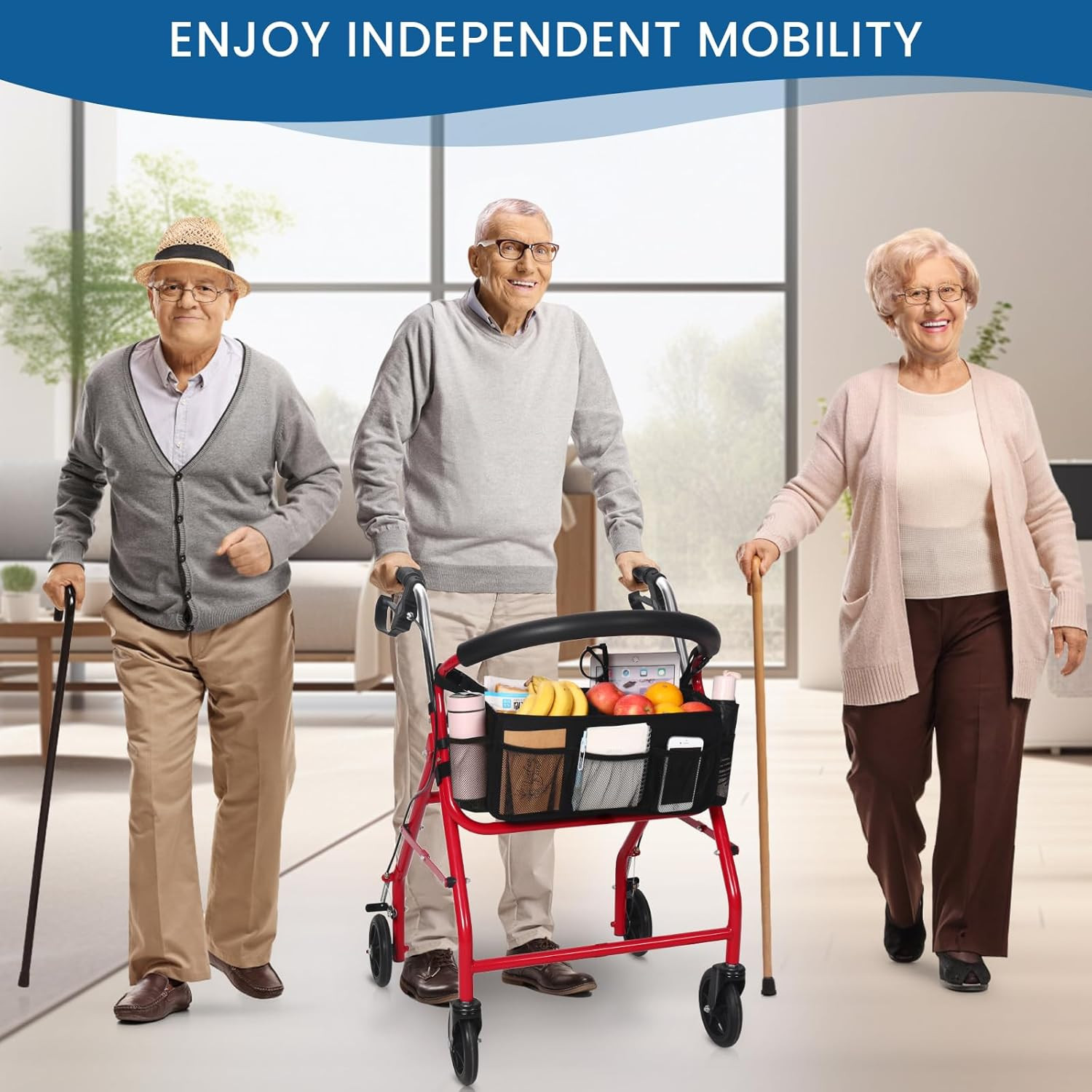 Upgraded Rollator Basket, Large Walker Accessories Bag with Multiple Pockets, Ro
