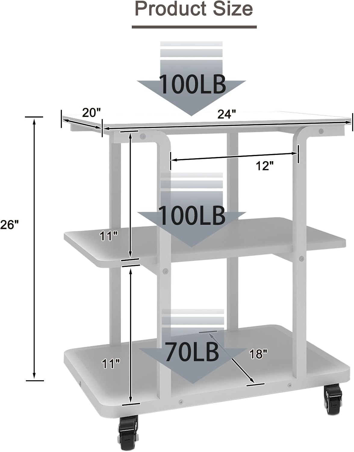 White Printer Stand 3 Tier Rolling with Wheels