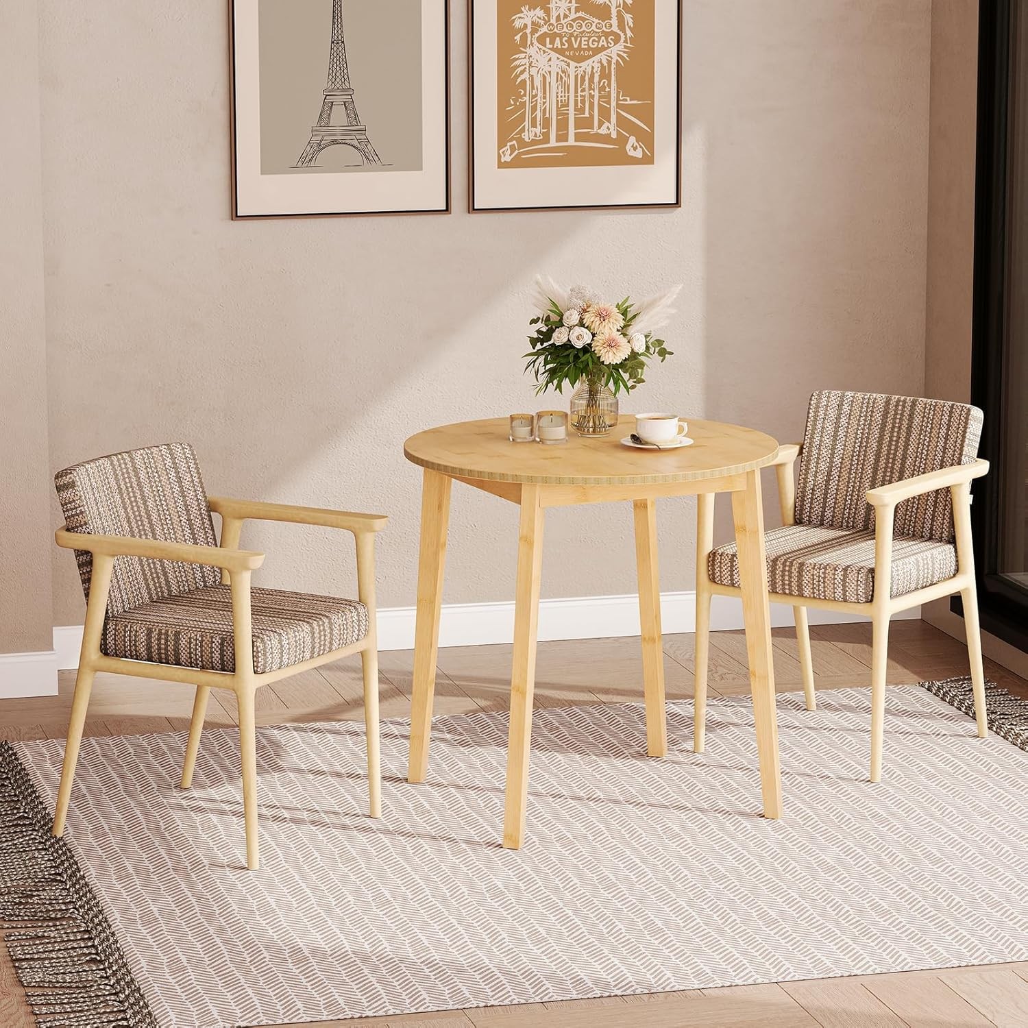 Bamboo Dining Table Round Dining Table 2 27.5" Kitchen Table Small Space Writing