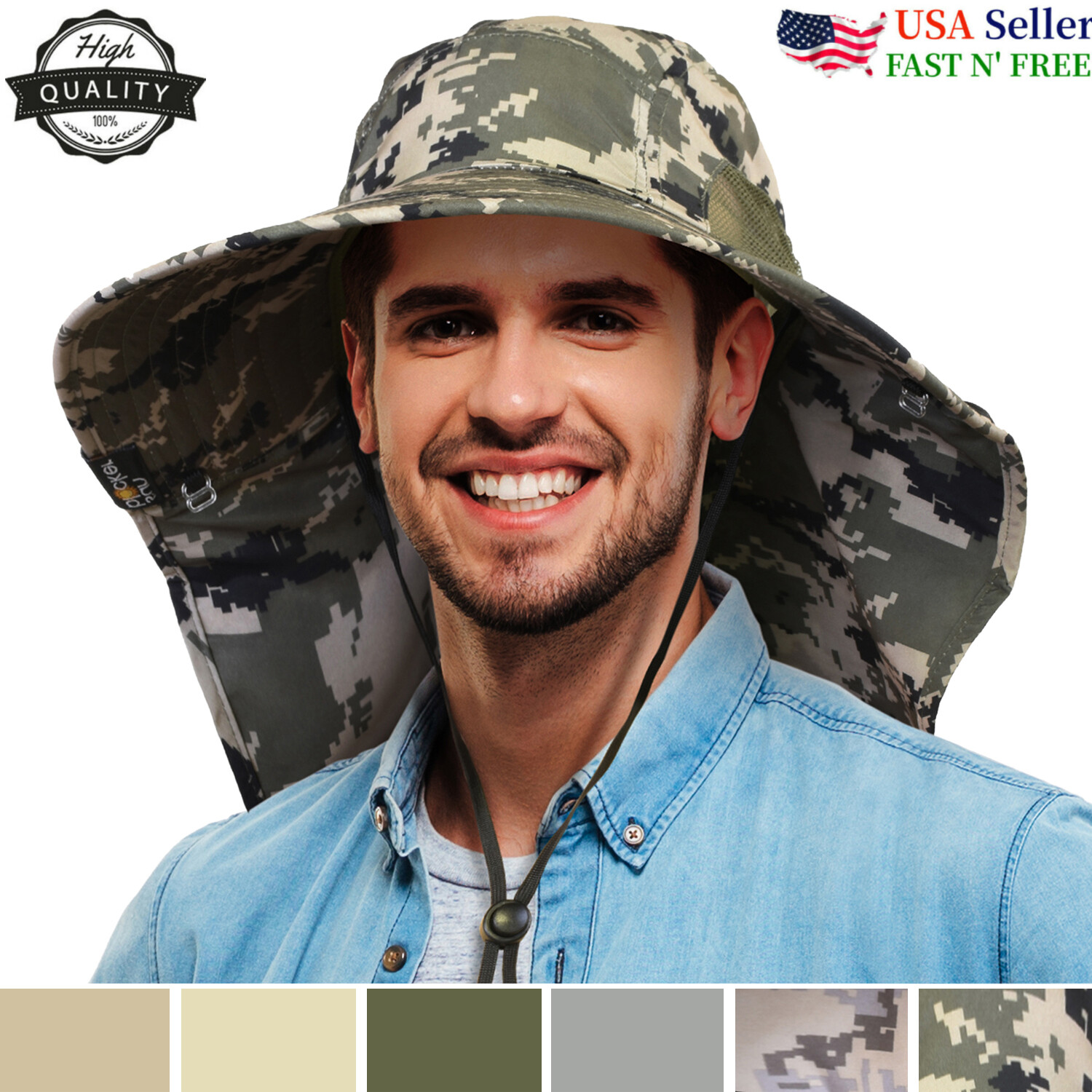 Men Women UV Protection Sun Hats Neck Face Flap Cap Wide Brim Fishing Bucket Hat
