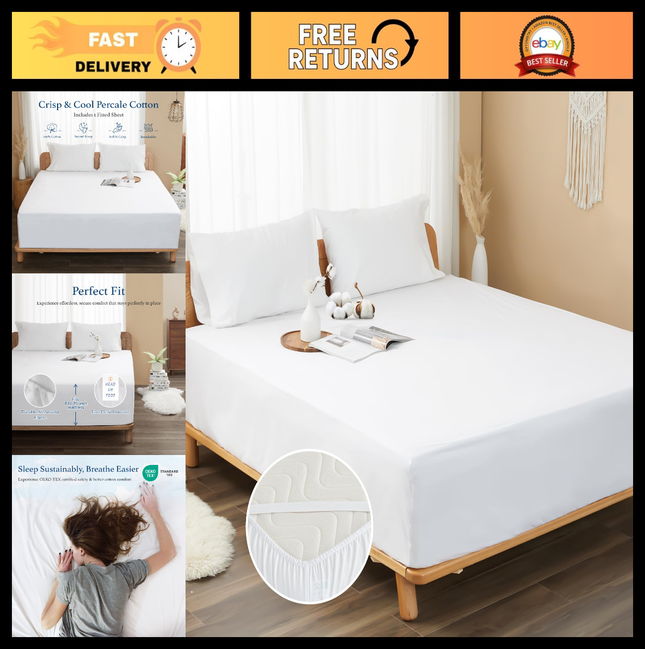 100% Cotton Twin XL Fitted Sheet - 15" Deep Pocket, Cooling & Breathable, White