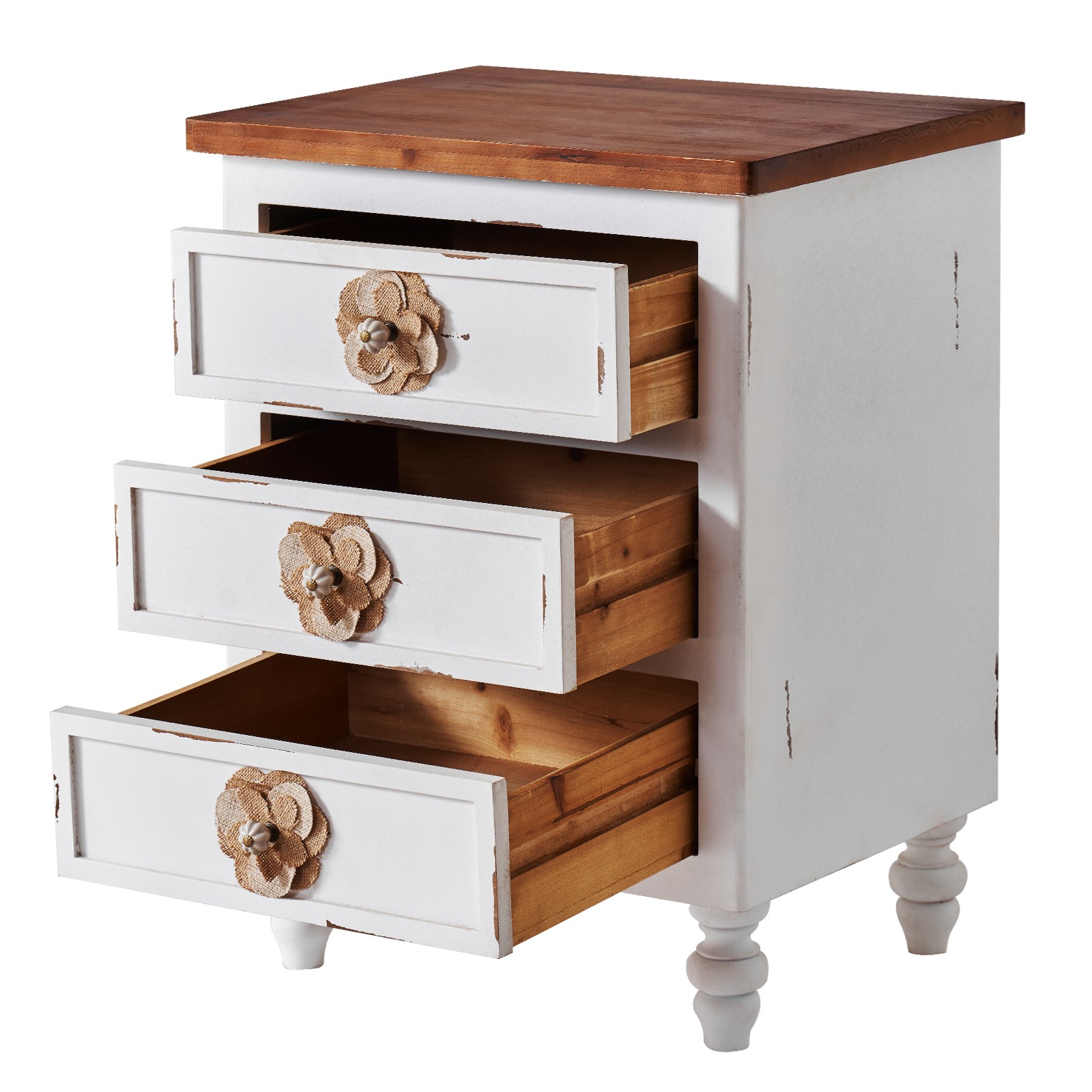 Vintage Farmhouse End Table with Floral Knobs – 19" Rustic Nightstand with 3 Dra
