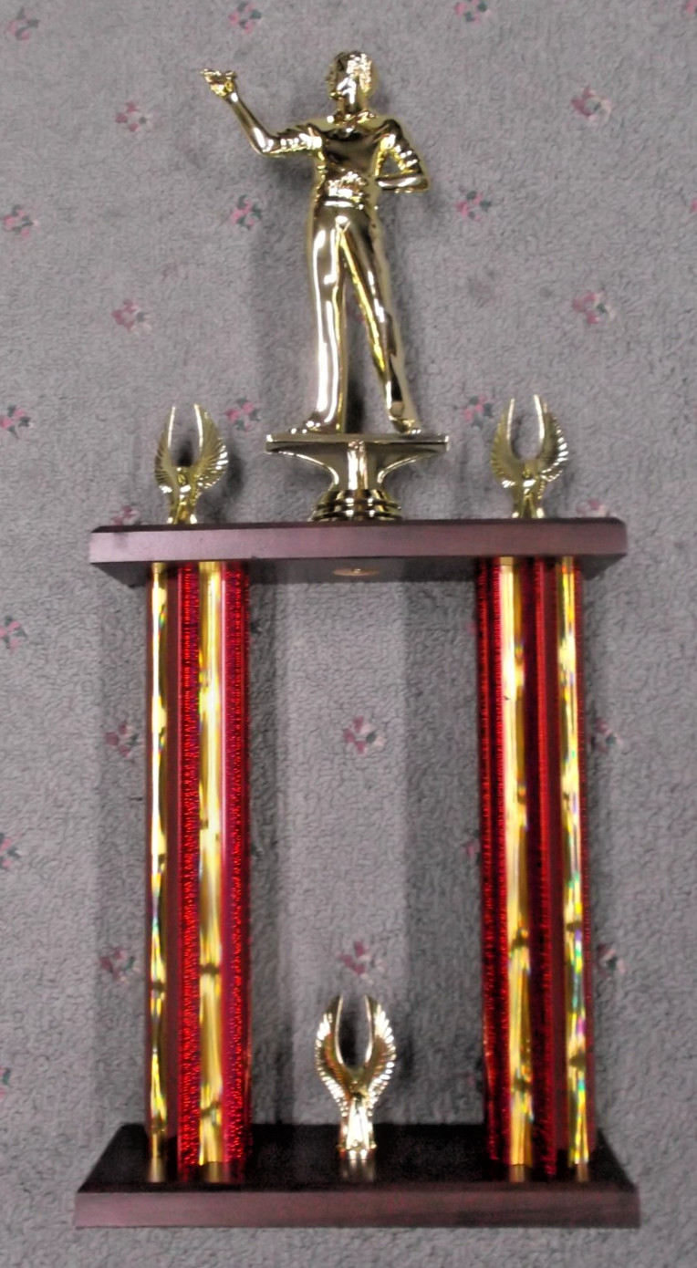 male dart trophy red column wood base award 2 post style champion
