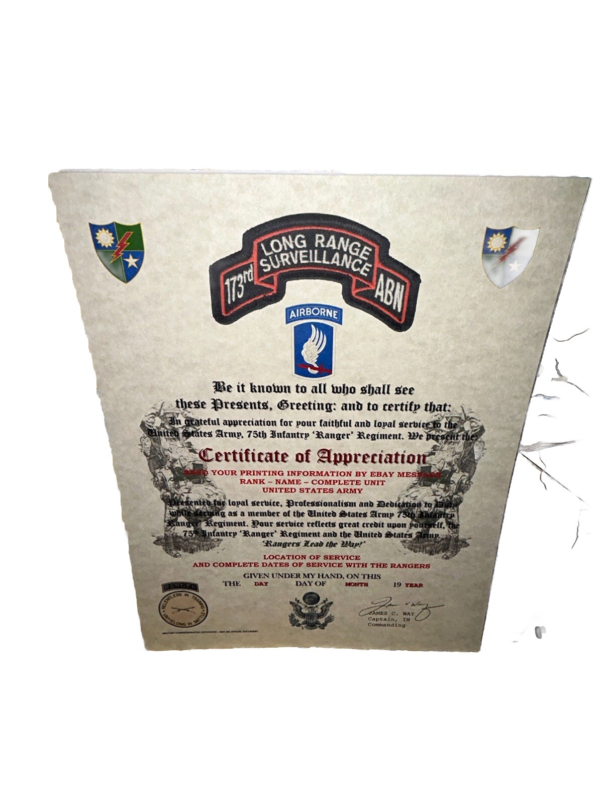 U.S. ARMY 75 RANGERS / 173RD AIRBORNE BRIGADE LRSD / CERTIFICATE OF APPRECIATION