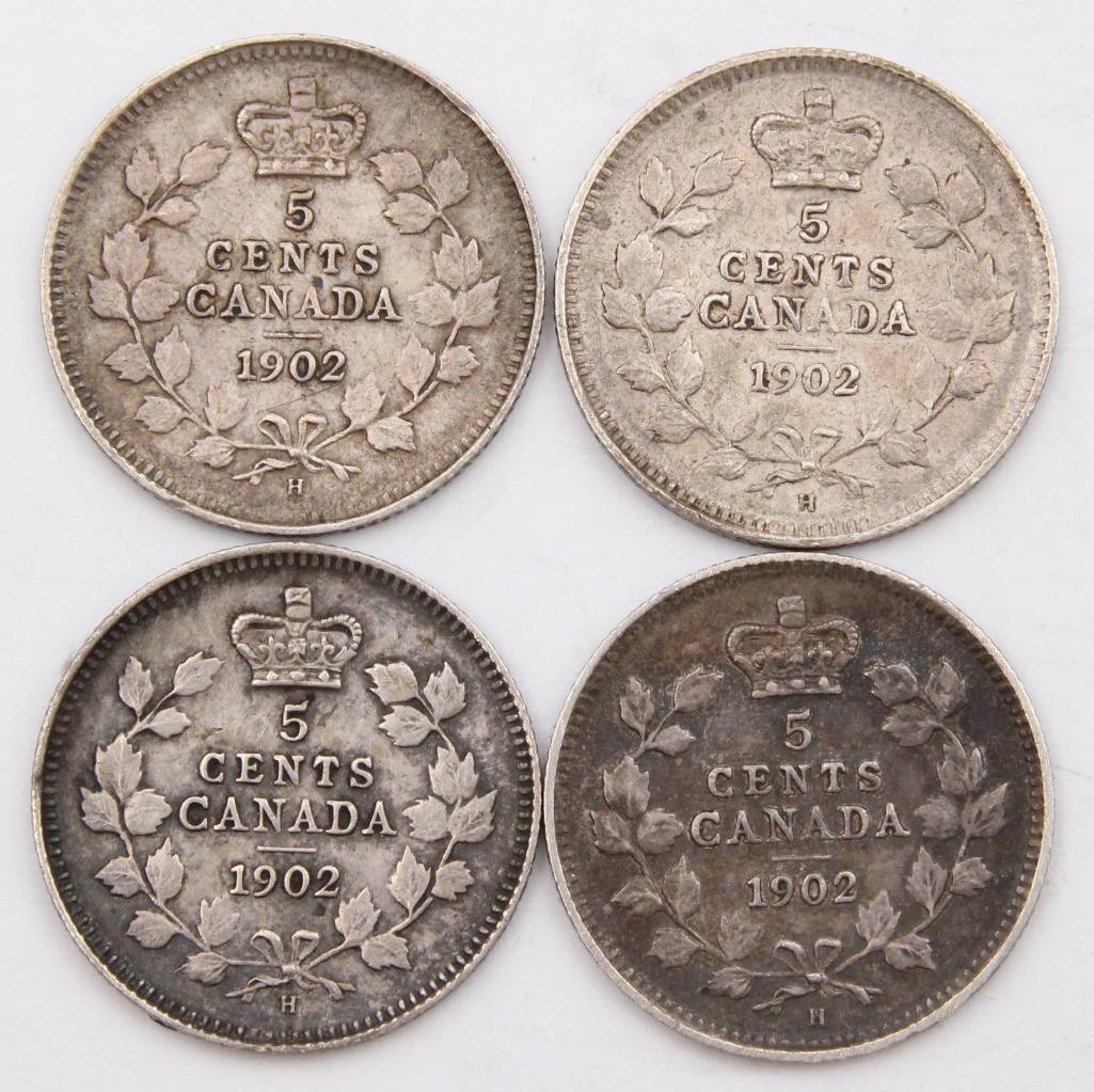 4X 1902 Small H Canada 5 cents 4-coins Fine or better