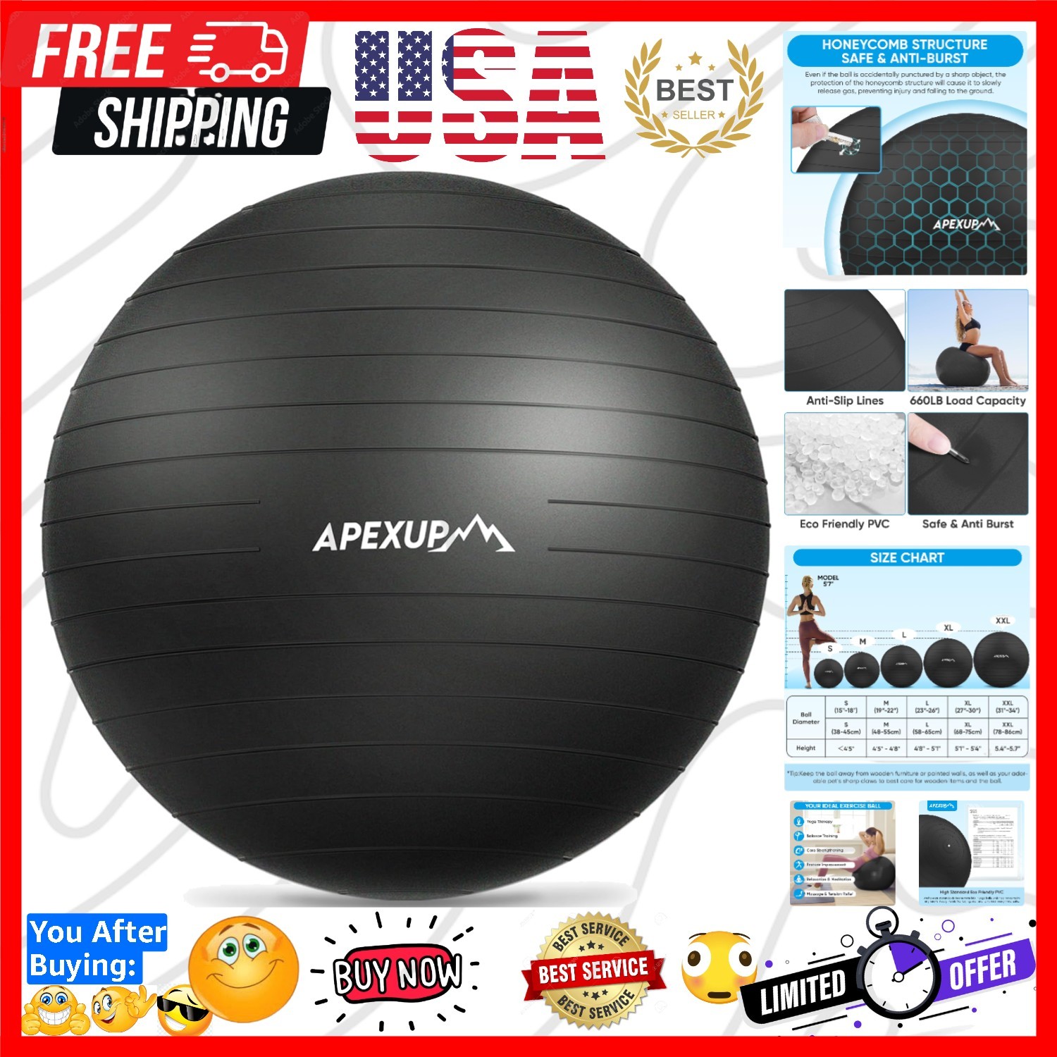 Yoga Ball Exercise Ball Anti Slip Heavy Duty for Fitness, Balance & Core Workout