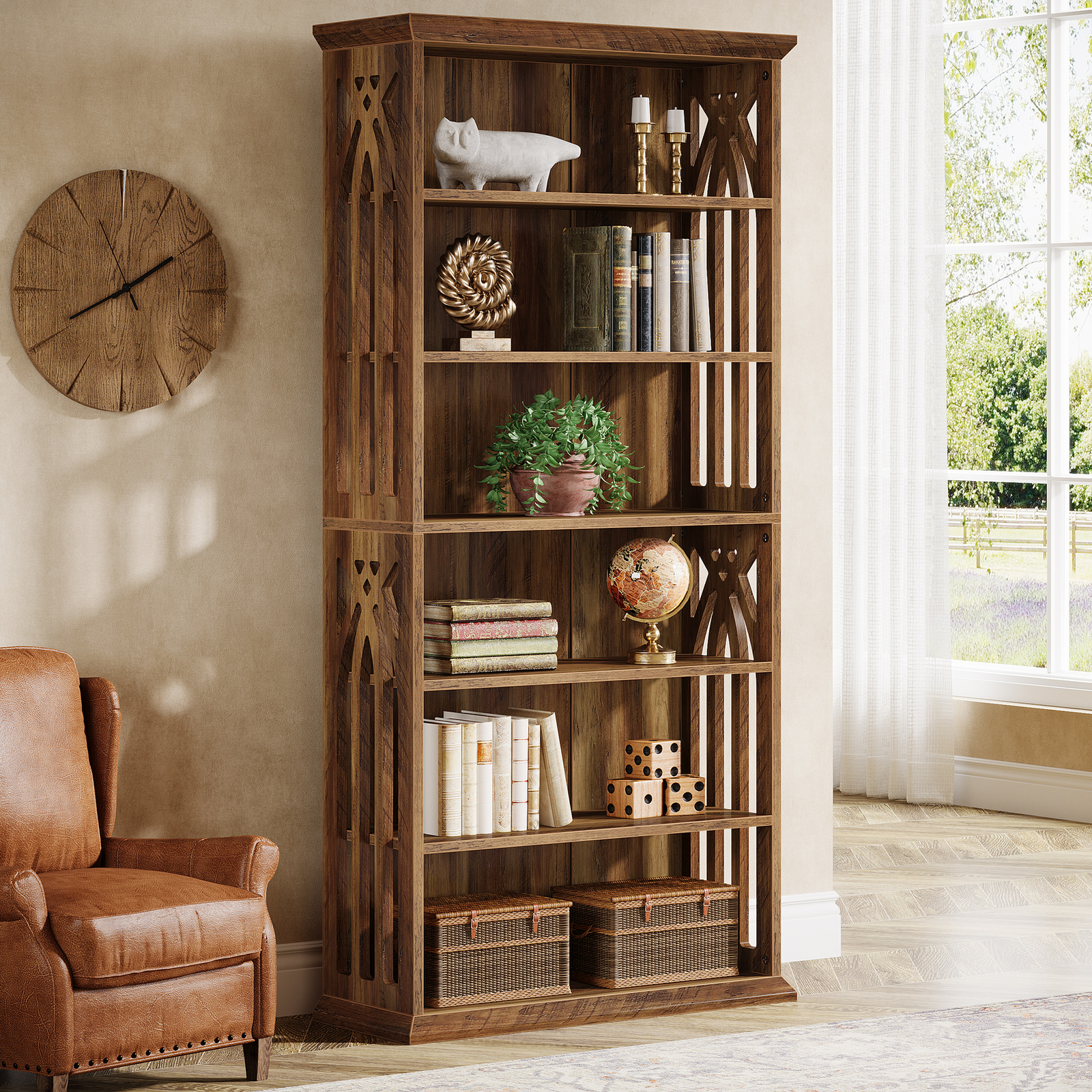 6-Tier Bookshelf, 75-Inch Tall Bookcase Large Wooden Freestanding Display Shelf
