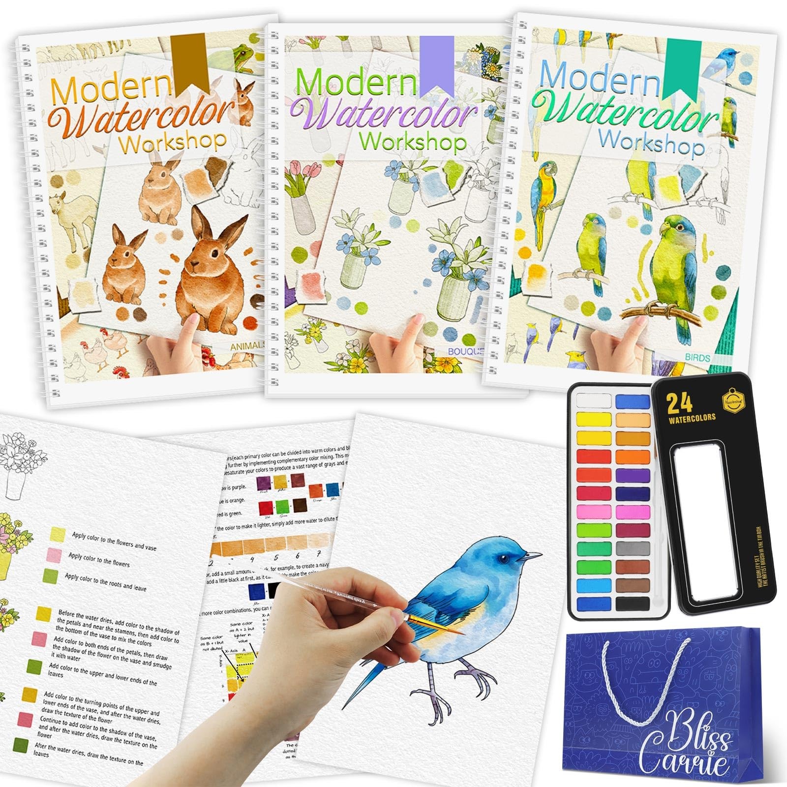 3 PCS Watercolor Workbook Paint Kit 36 Pages 24 Colors Brush Bouquet Animals