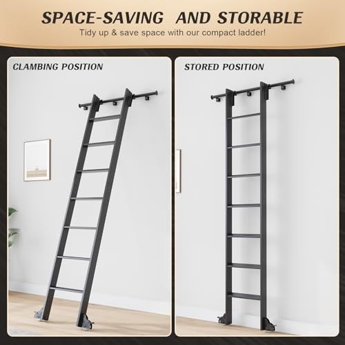 8ft Rolling Library Aluminium Step Ladder 96" with 96" Ladder + 4FT Hook Kit