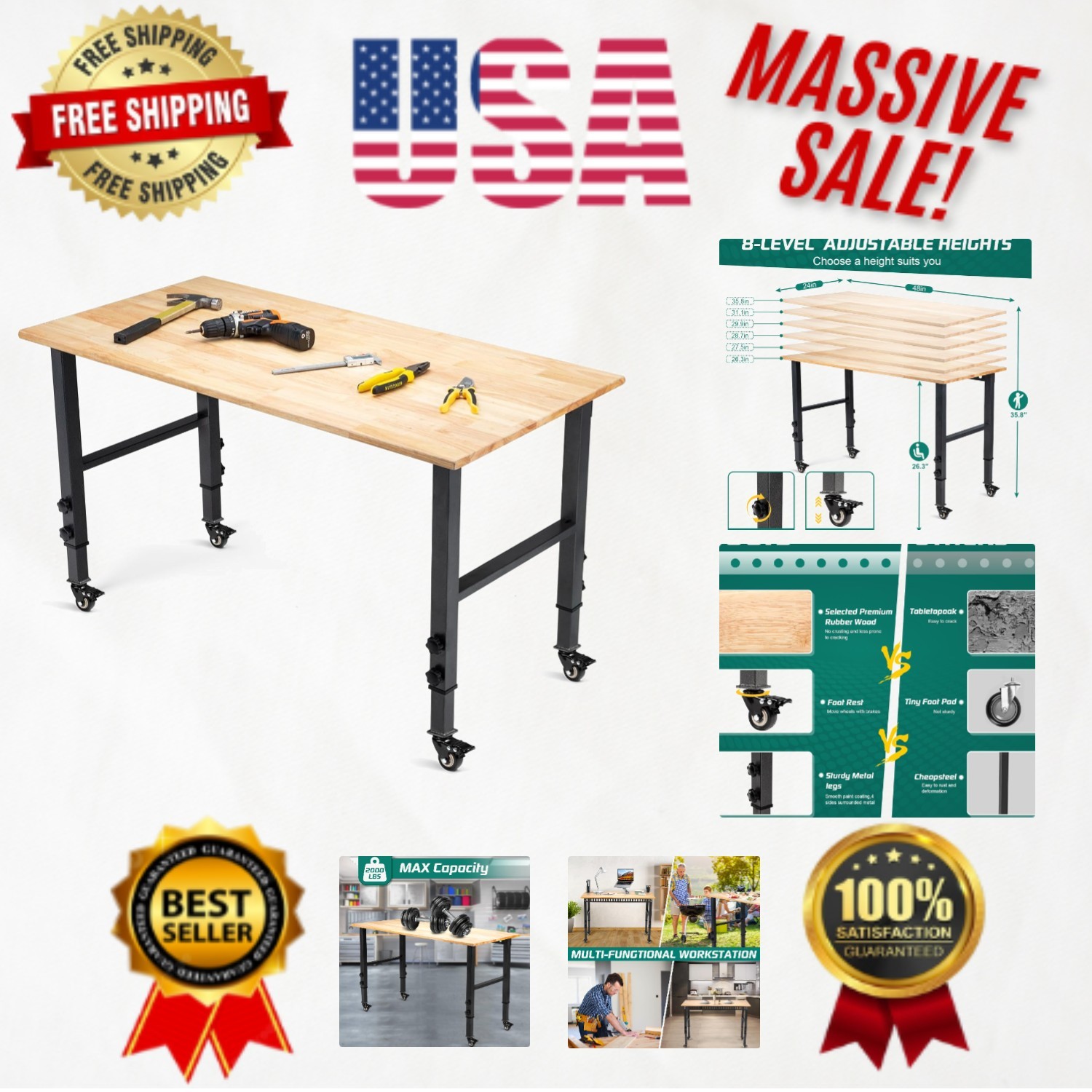Multi-Height 48" Workbench with Heavy Duty Capability - Perfect for Any Project