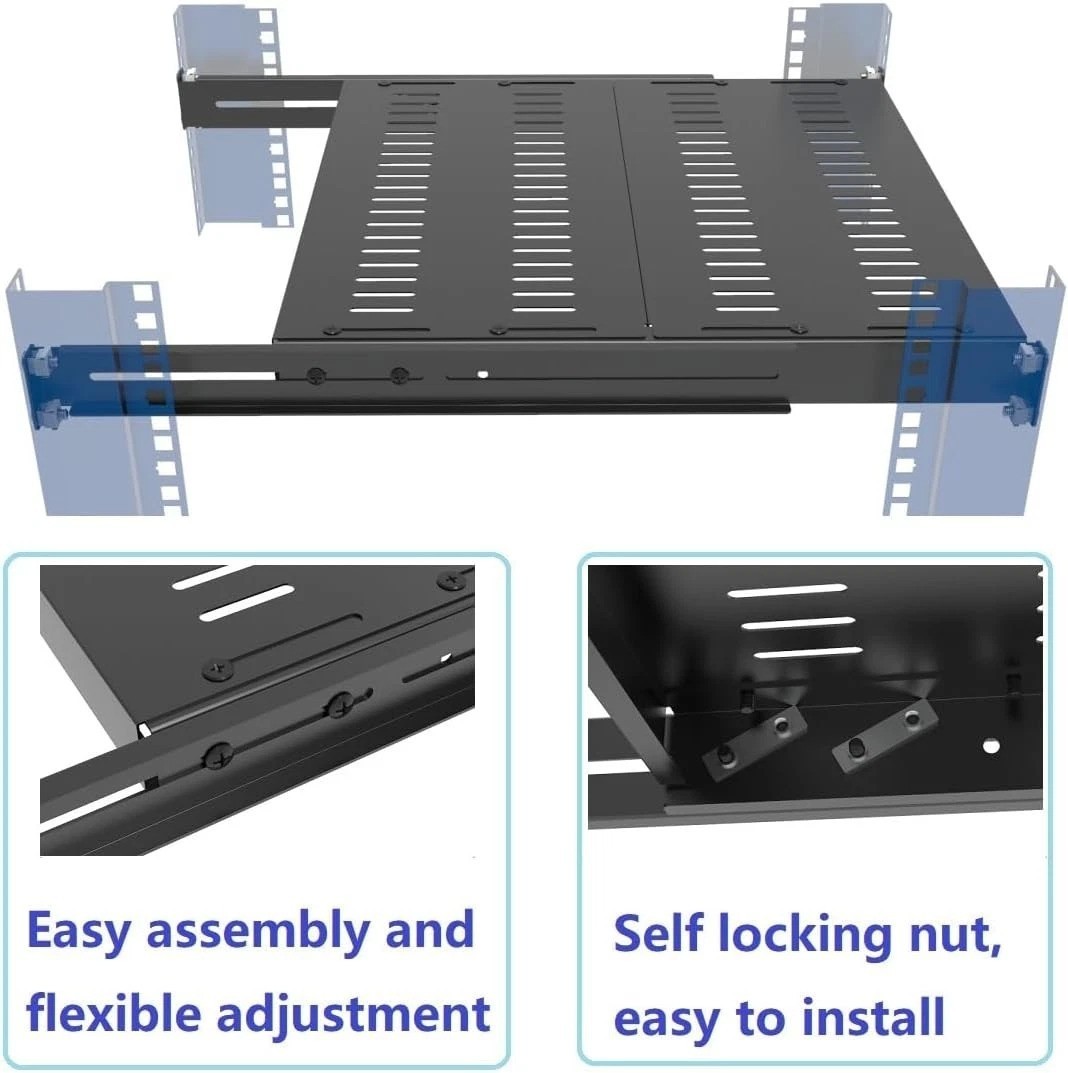1U Vented 4-Post Adjustable Server Shelf- Universal Tray 16.5-29" Adjustable ...