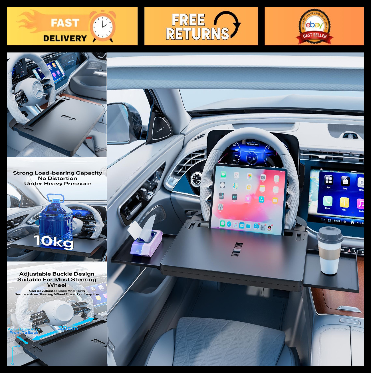 2-in-1 Extendable Steering Wheel Tray - Adjustable Car Desk for Laptop & Food -