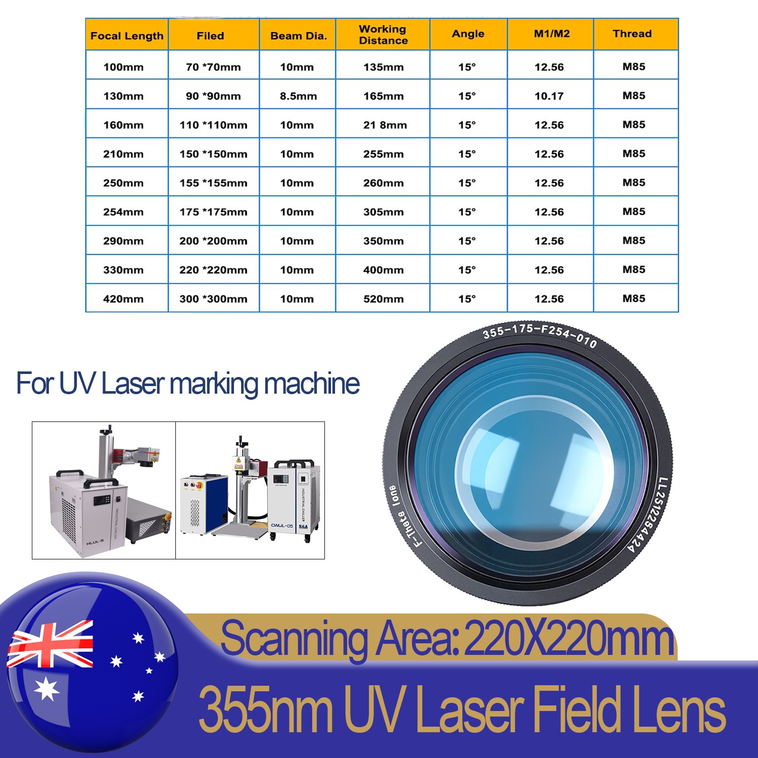 High Quality 220mm Field Lens For 5W-15W 355nm UV Laser Marking Machine Engraver