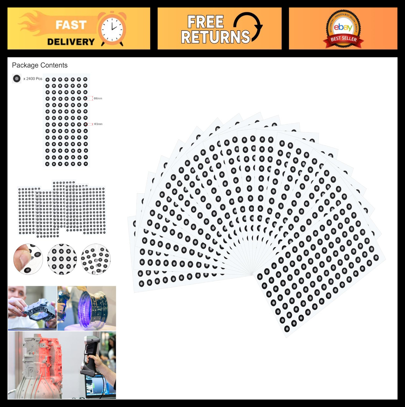 2400 Pcs High Reflective 3D Scanner Markers, 3mm Tracking Dots for Laser Scannin