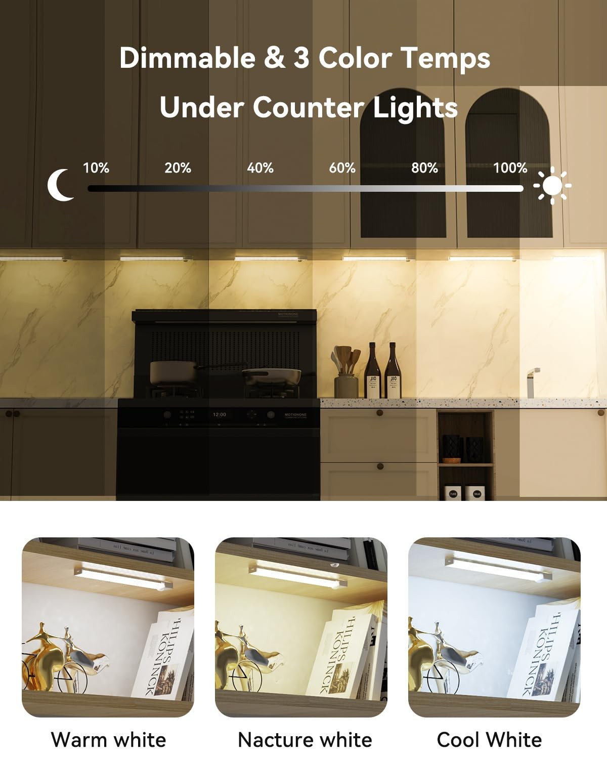 Under Cabinet Lighting 8 Inches Rechargeable Motion Sensor 8inch-3pack, White