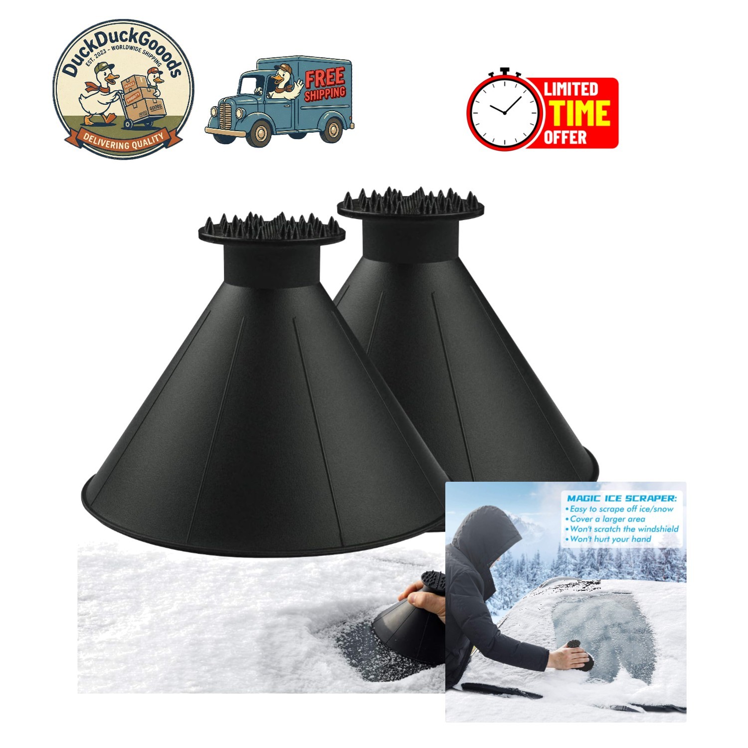 Cone and Round Ice Scraper Set for Windshield - Perfect Winter Car Tools