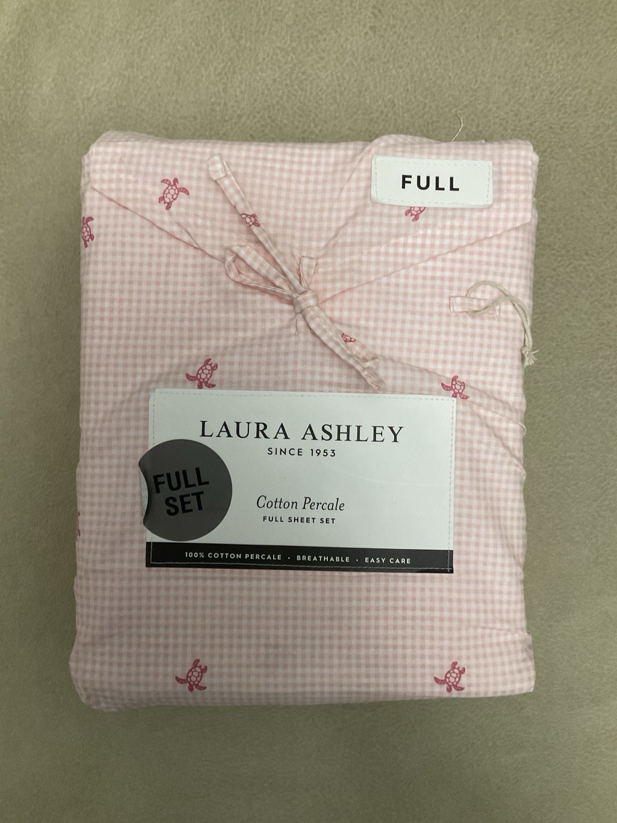 Laura Ashley Full Sheet Set Pink Gingham Print Cotton Percale NWT Turtles