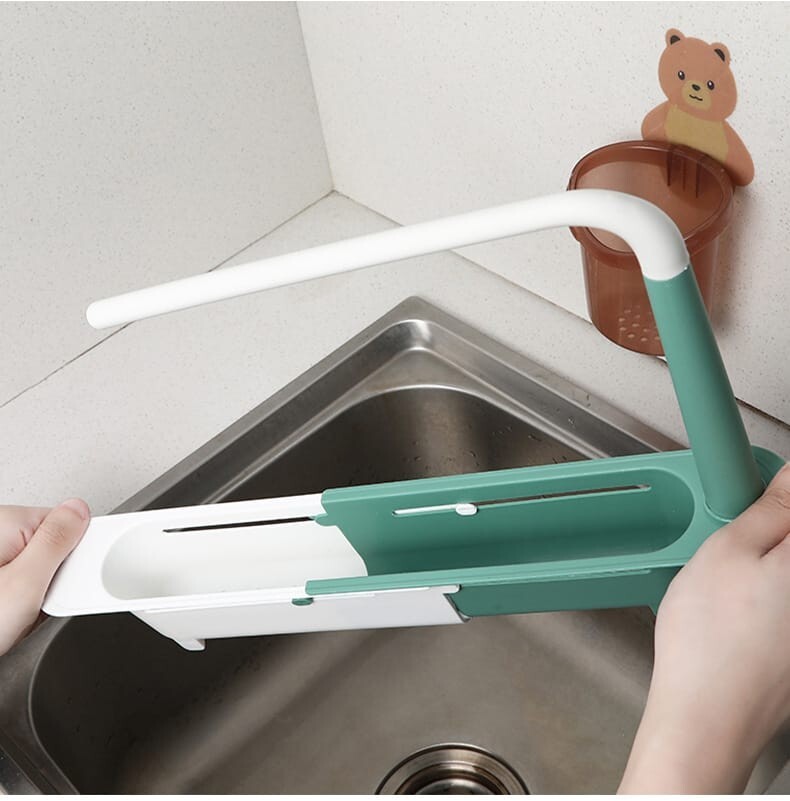 Telescopic Sink Storage Rack,Adjustable Length, Drain Basket Plastic and Sponge