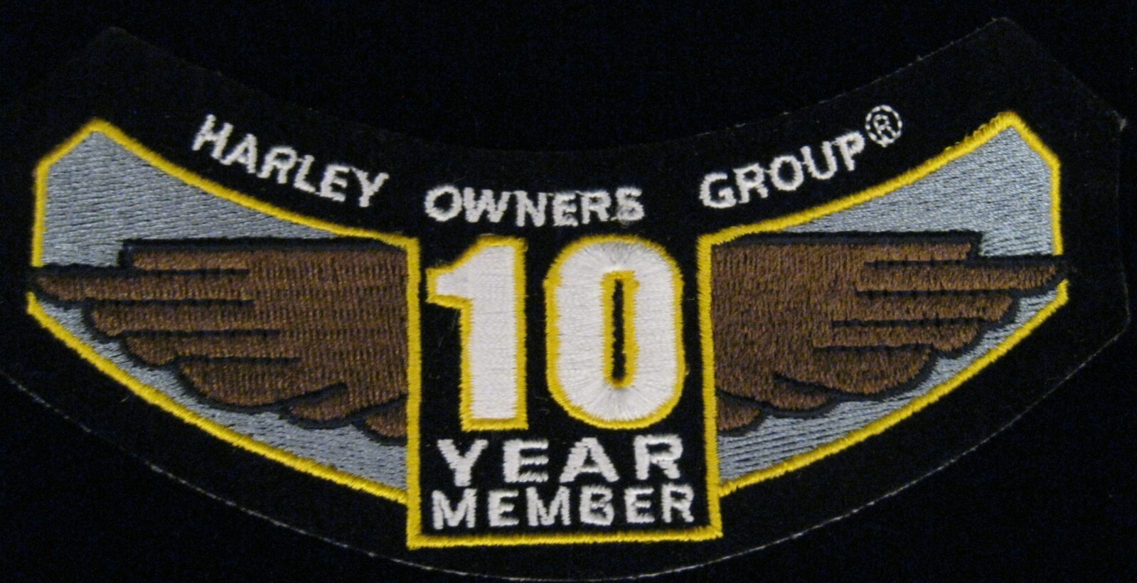 HARLEY DAVIDSON PATCH HARLEY OWNERS GROUP 10 YEAR MEMBER  5" LONG x 1-1/2"  WIDE