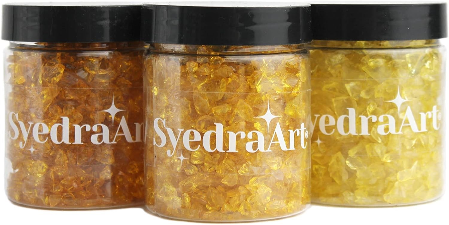 Syedra Crushed Glass for Crafts, 3-6mm Set of 3 Resin Art Crushed Colored Yellow