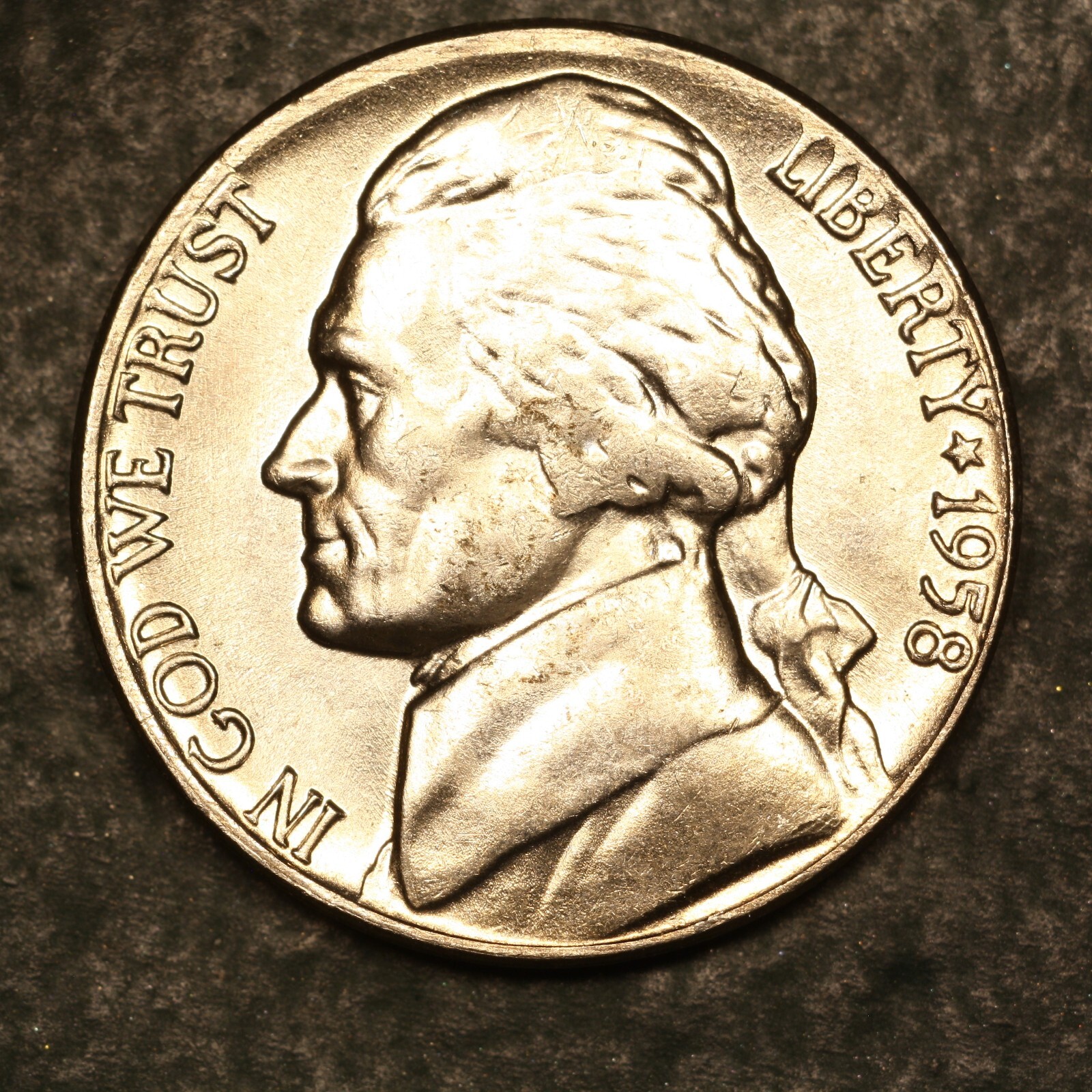 1958-D Jefferson Nickel 5c-ERROR Strike-Thru/Die-Crack From OBW' -GEM BU  J936