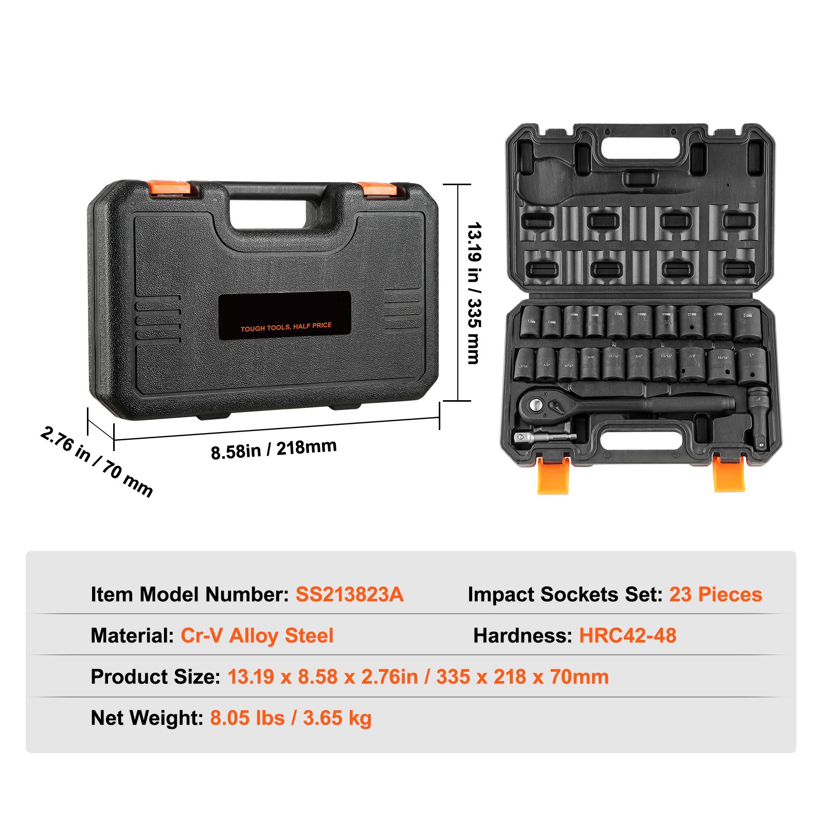 Impact Sockets Set 23pcs 6-Point 1/2in Drive Bit Ratchet Tool Kit Case