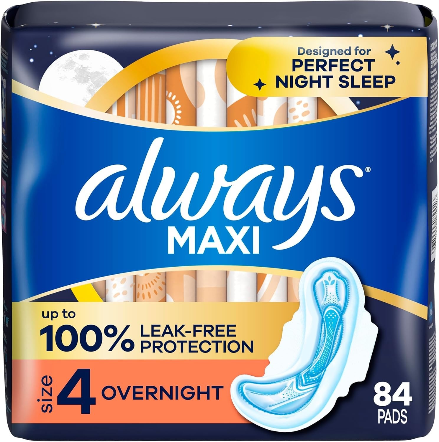 Always Maxi Overnight Pads with Wings Size 4 Unscented 84 Count