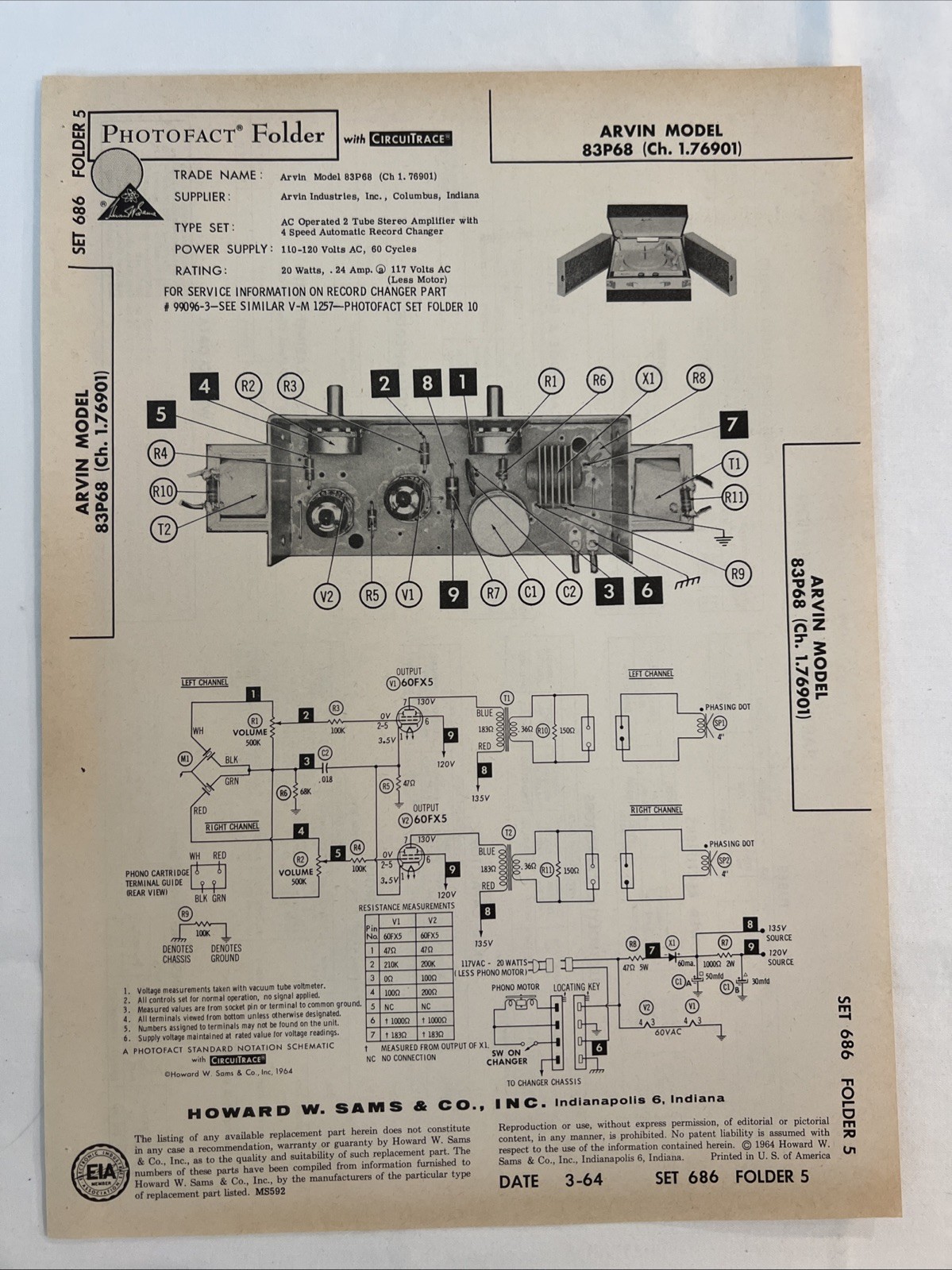 Vintage Sams Photofact Schematic 3-1964 ARVIN MODEL 83P68 (Ch.1.76901)
