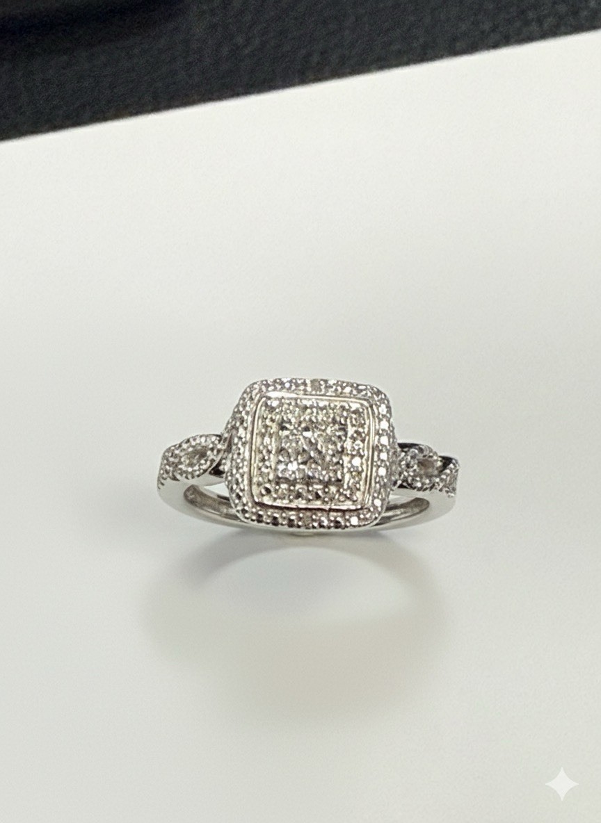 Sterling Silver Diamond Cluster Ring Square Cushion Halo Engagement Ring Size 7