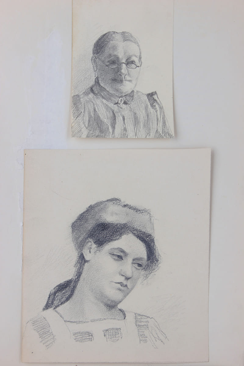 2 Pencil Drawings 19th Century Woman Bust and Young Italian Woman
