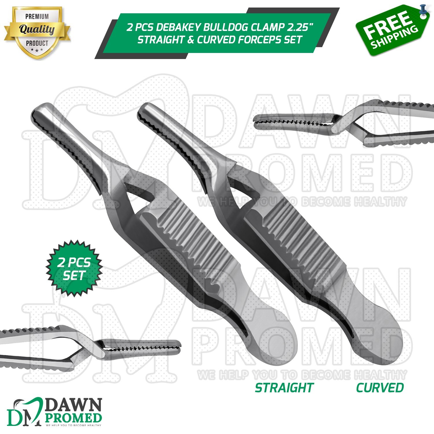 2 Pcs Debakey Bulldog Clamp 2.25" Straight & Curved Atraumatic Forceps Set
