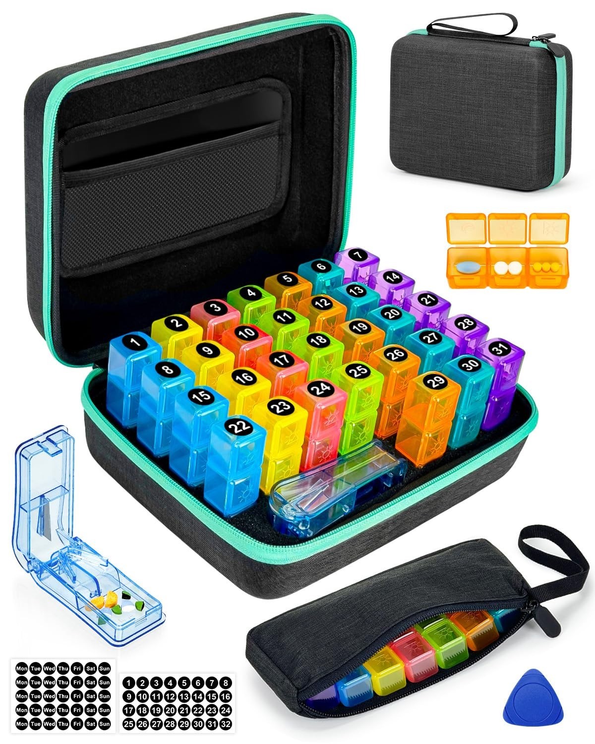 31-Day Pill Organizer with Cutter & Stickers, 3x Daily Portable Hard Shell, Easy