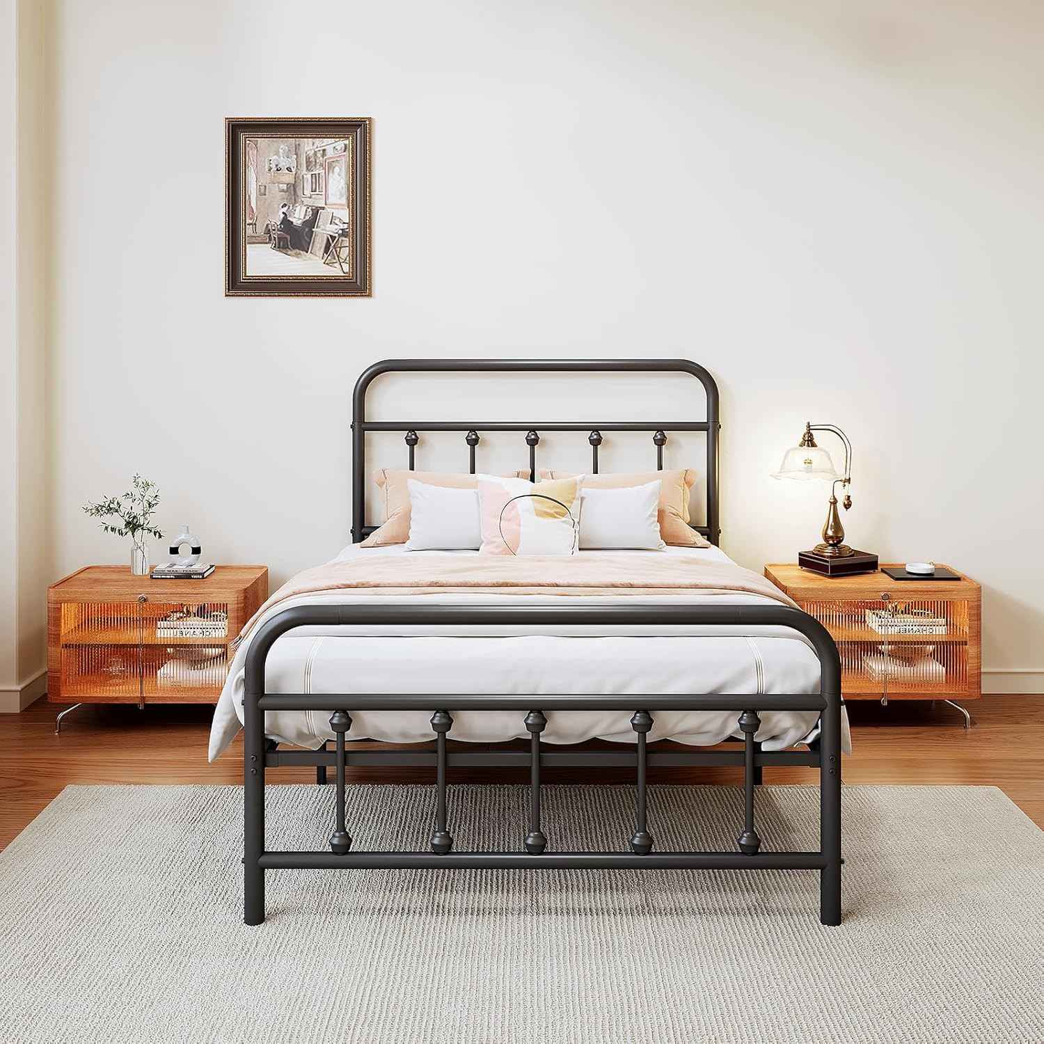 Twin Metal Bed Frame with Headboard, Heavy Duty, No Box Spring Needed, Black